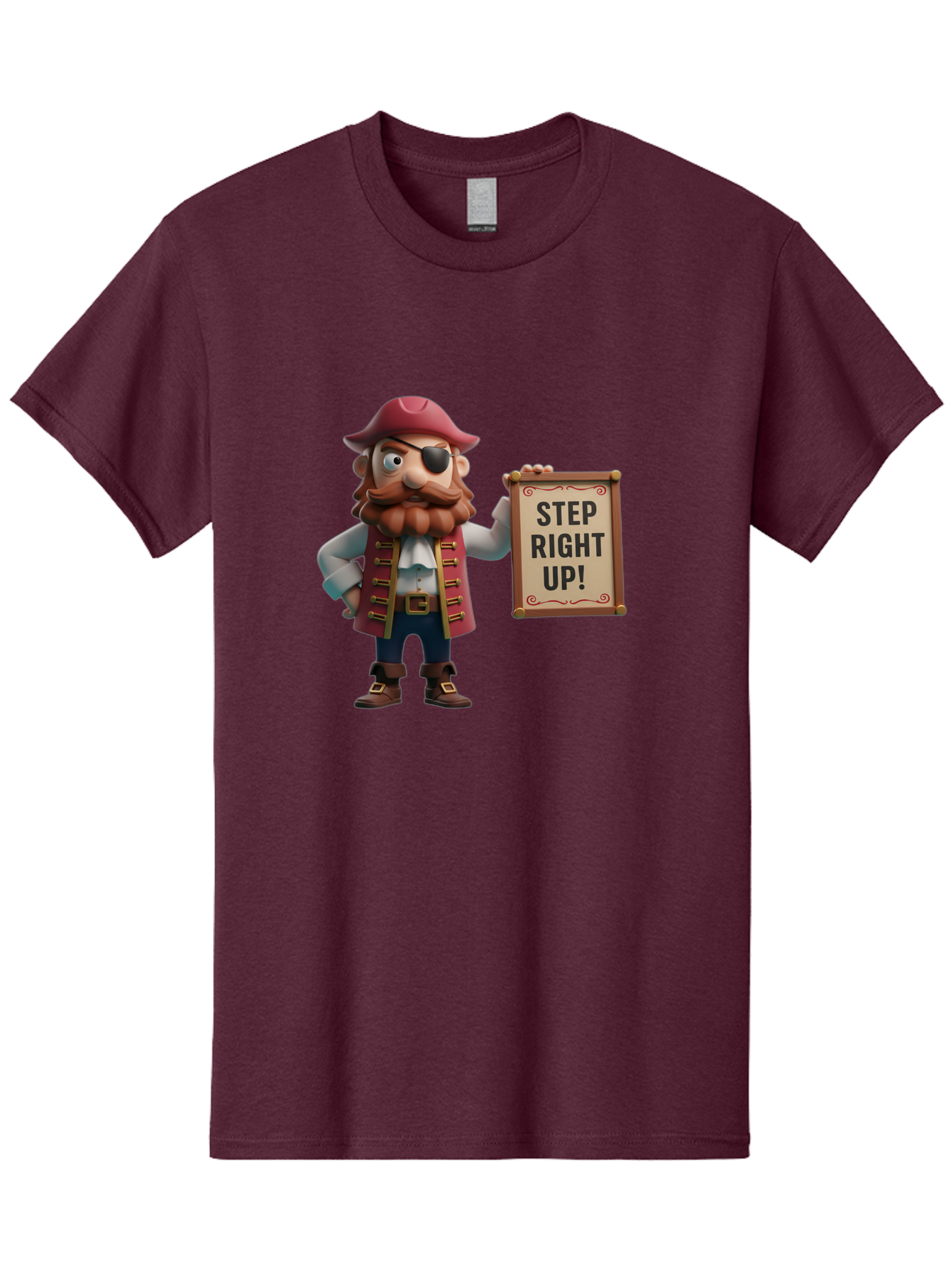 Step-Right-Up Men'S Graphic Tee, 100% Cotton, Comfortable Casual Summer Wear, Machine Washable, Pirate Character, Cartoon Illustration, Step Right Up Sign, Pirate Costume, Red Hat, Eye Patch, Curly Beard, Vintage Style, Playful Atmosphere, Bad725