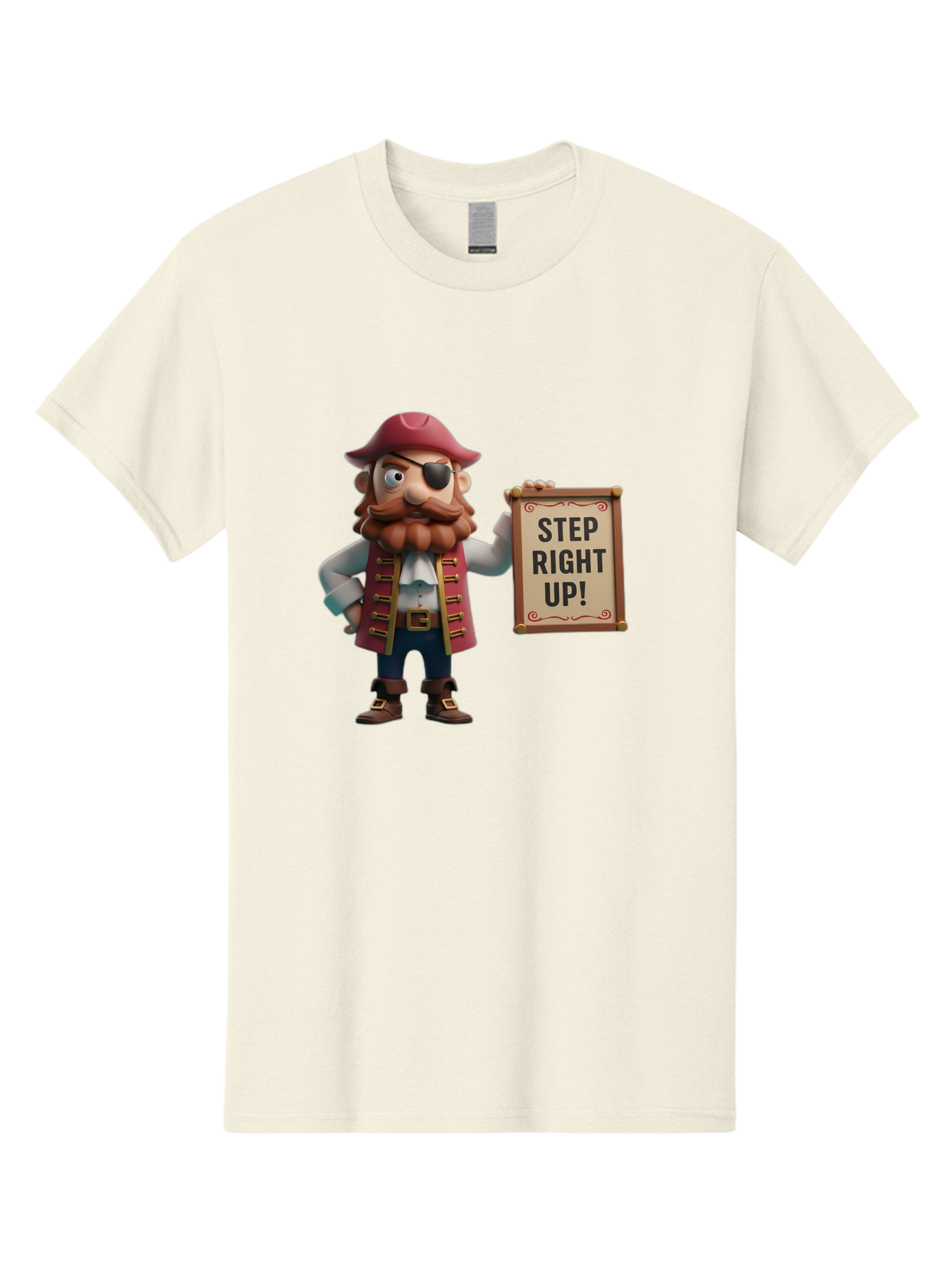 Step-Right-Up Men'S Graphic Tee, 100% Cotton, Comfortable Casual Summer Wear, Machine Washable, Pirate Character, Cartoon Illustration, Step Right Up Sign, Pirate Costume, Red Hat, Eye Patch, Curly Beard, Vintage Style, Playful Atmosphere, Bad725