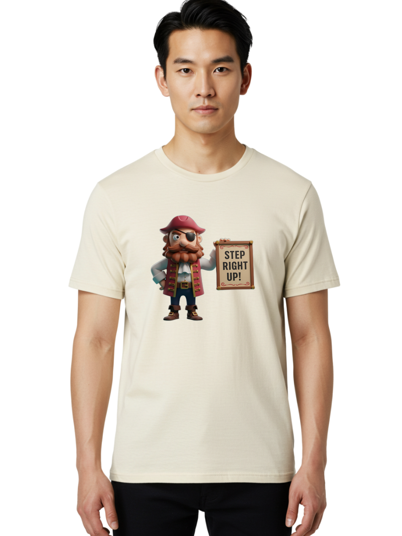 Step-Right-Up Men'S Graphic Tee, 100% Cotton, Comfortable Casual Summer Wear, Machine Washable, Pirate Character, Cartoon Illustration, Step Right Up Sign, Pirate Costume, Red Hat, Eye Patch, Curly Beard, Vintage Style, Playful Atmosphere, Bad725