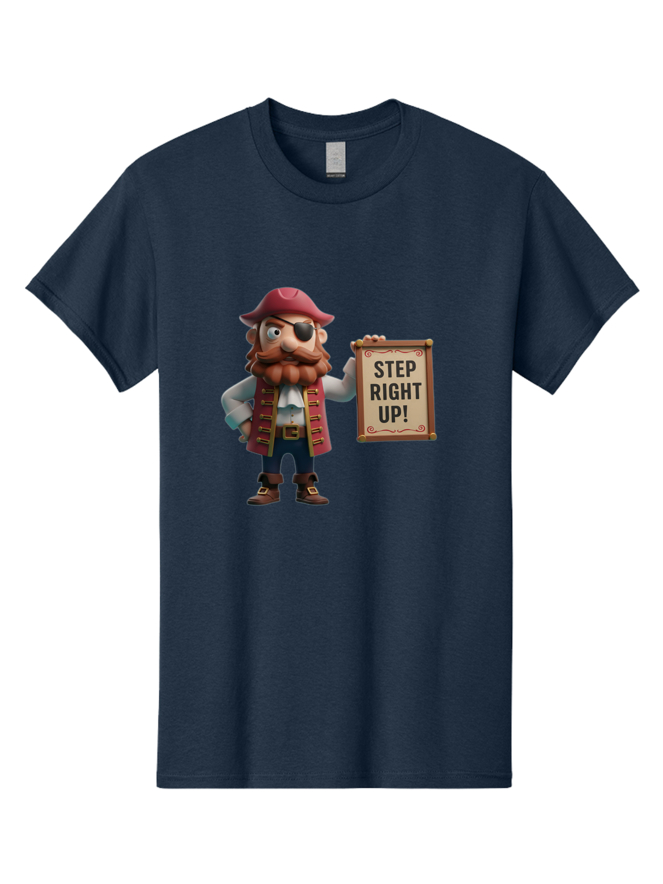 Step-Right-Up Men'S Graphic Tee, 100% Cotton, Comfortable Casual Summer Wear, Machine Washable, Pirate Character, Cartoon Illustration, Step Right Up Sign, Pirate Costume, Red Hat, Eye Patch, Curly Beard, Vintage Style, Playful Atmosphere, Bad725