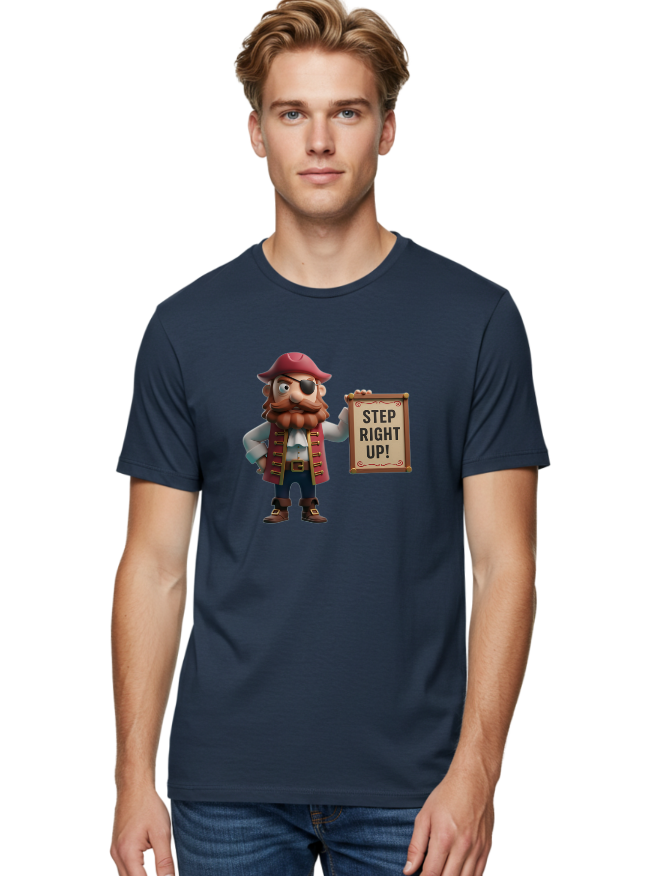 Step-Right-Up Men'S Graphic Tee, 100% Cotton, Comfortable Casual Summer Wear, Machine Washable, Pirate Character, Cartoon Illustration, Step Right Up Sign, Pirate Costume, Red Hat, Eye Patch, Curly Beard, Vintage Style, Playful Atmosphere, Bad725