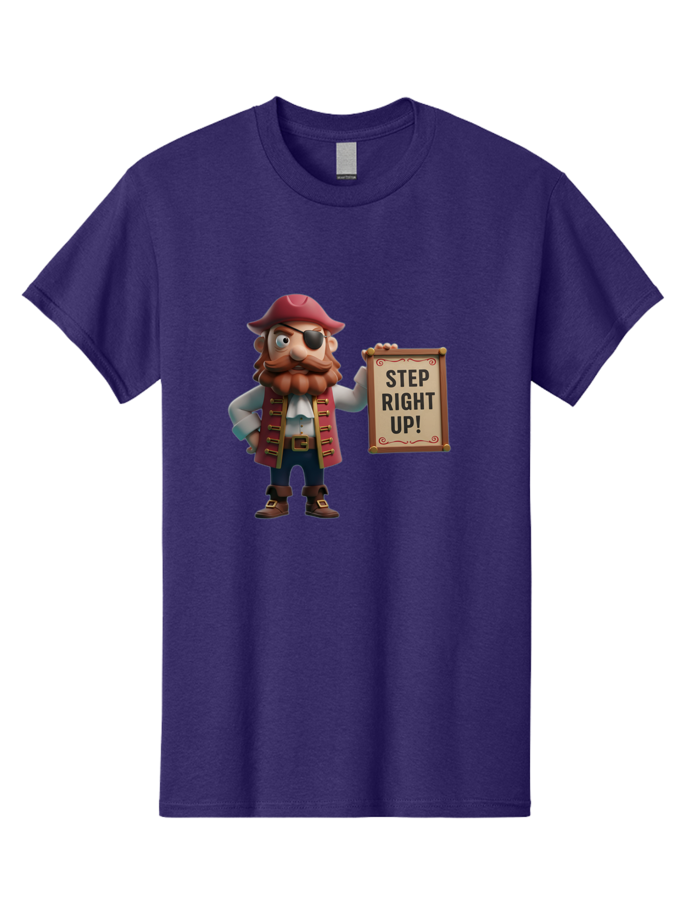 Step-Right-Up Men'S Graphic Tee, 100% Cotton, Comfortable Casual Summer Wear, Machine Washable, Pirate Character, Cartoon Illustration, Step Right Up Sign, Pirate Costume, Red Hat, Eye Patch, Curly Beard, Vintage Style, Playful Atmosphere, Bad725