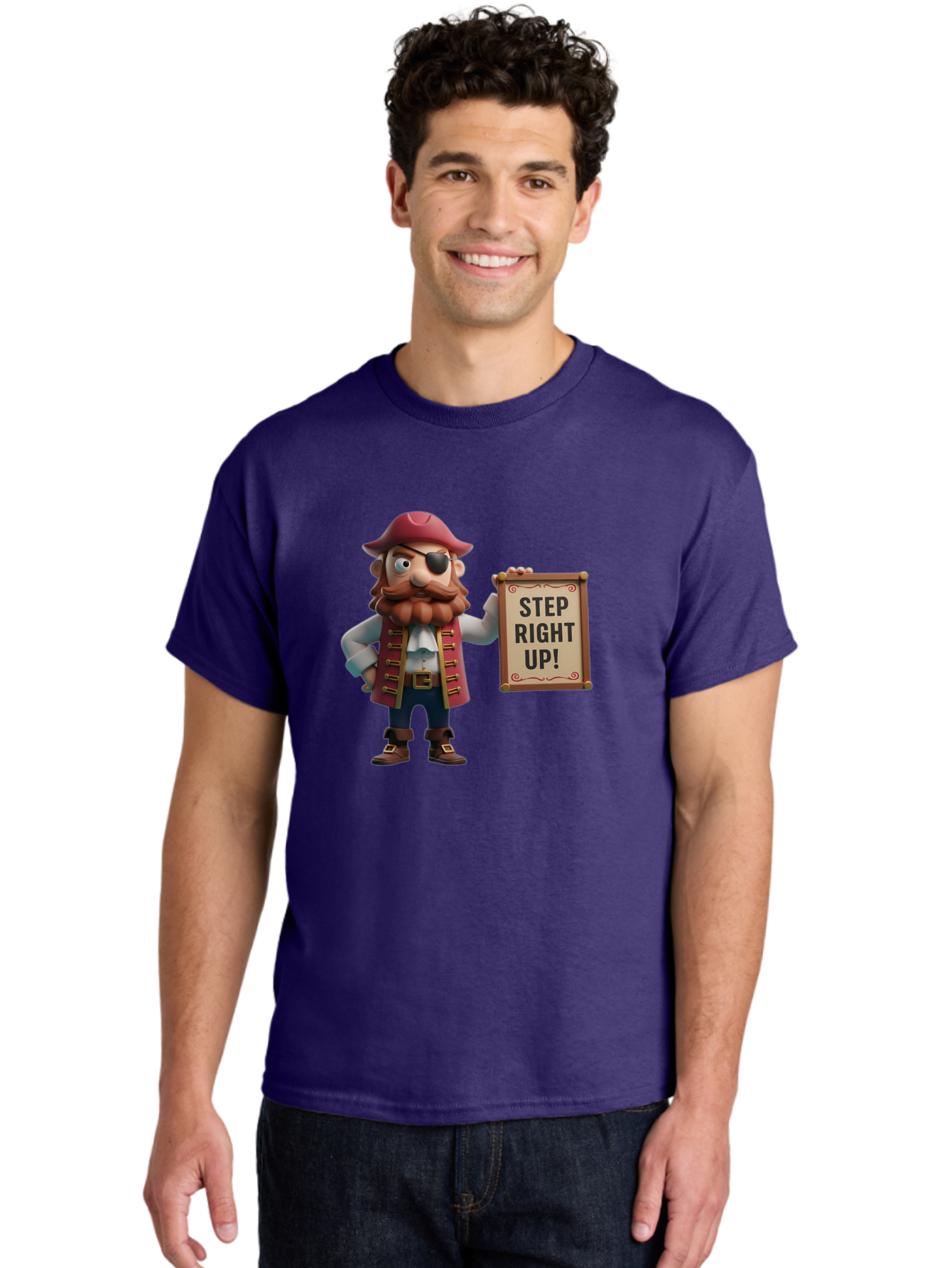 Step-Right-Up Men'S Graphic Tee, 100% Cotton, Comfortable Casual Summer Wear, Machine Washable, Pirate Character, Cartoon Illustration, Step Right Up Sign, Pirate Costume, Red Hat, Eye Patch, Curly Beard, Vintage Style, Playful Atmosphere, Bad725