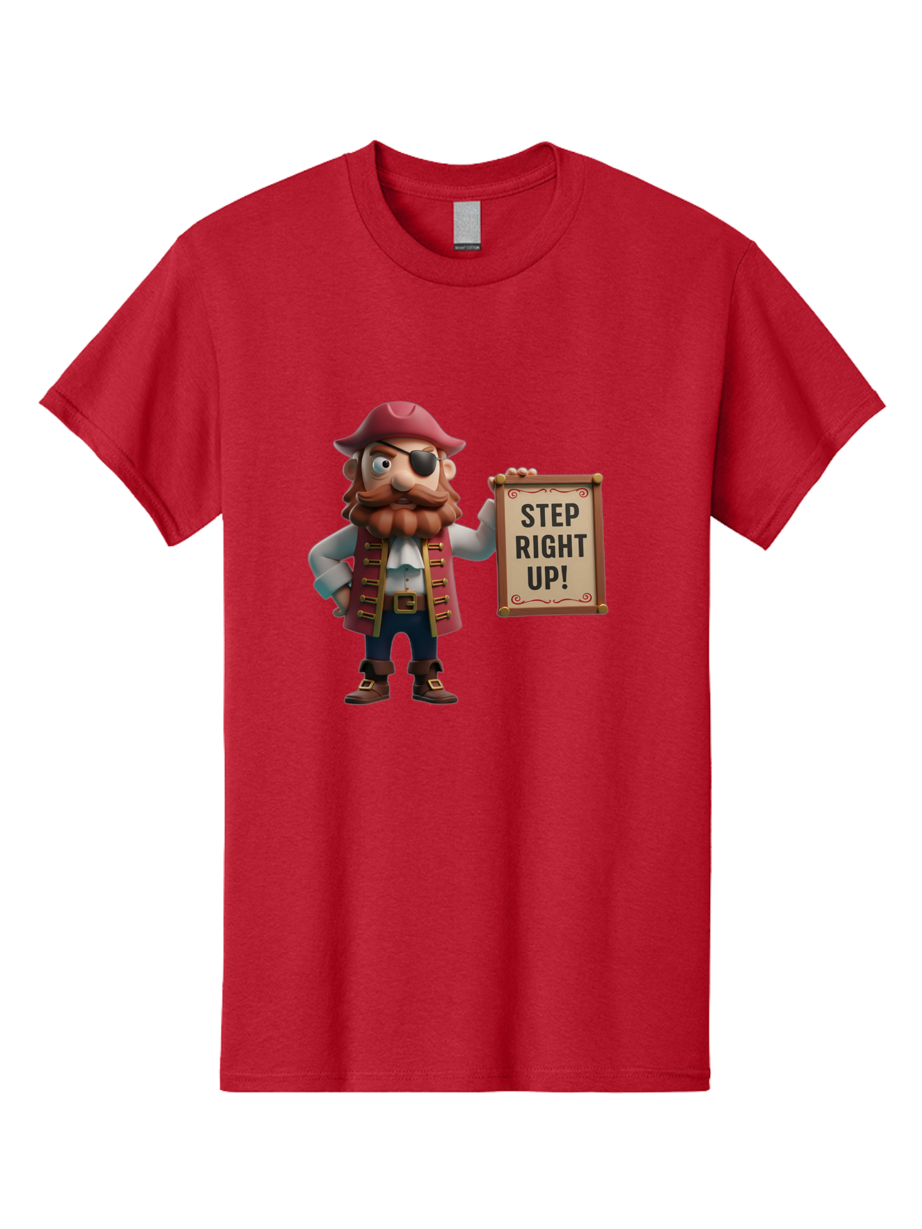 Step-Right-Up Men'S Graphic Tee, 100% Cotton, Comfortable Casual Summer Wear, Machine Washable, Pirate Character, Cartoon Illustration, Step Right Up Sign, Pirate Costume, Red Hat, Eye Patch, Curly Beard, Vintage Style, Playful Atmosphere, Bad725