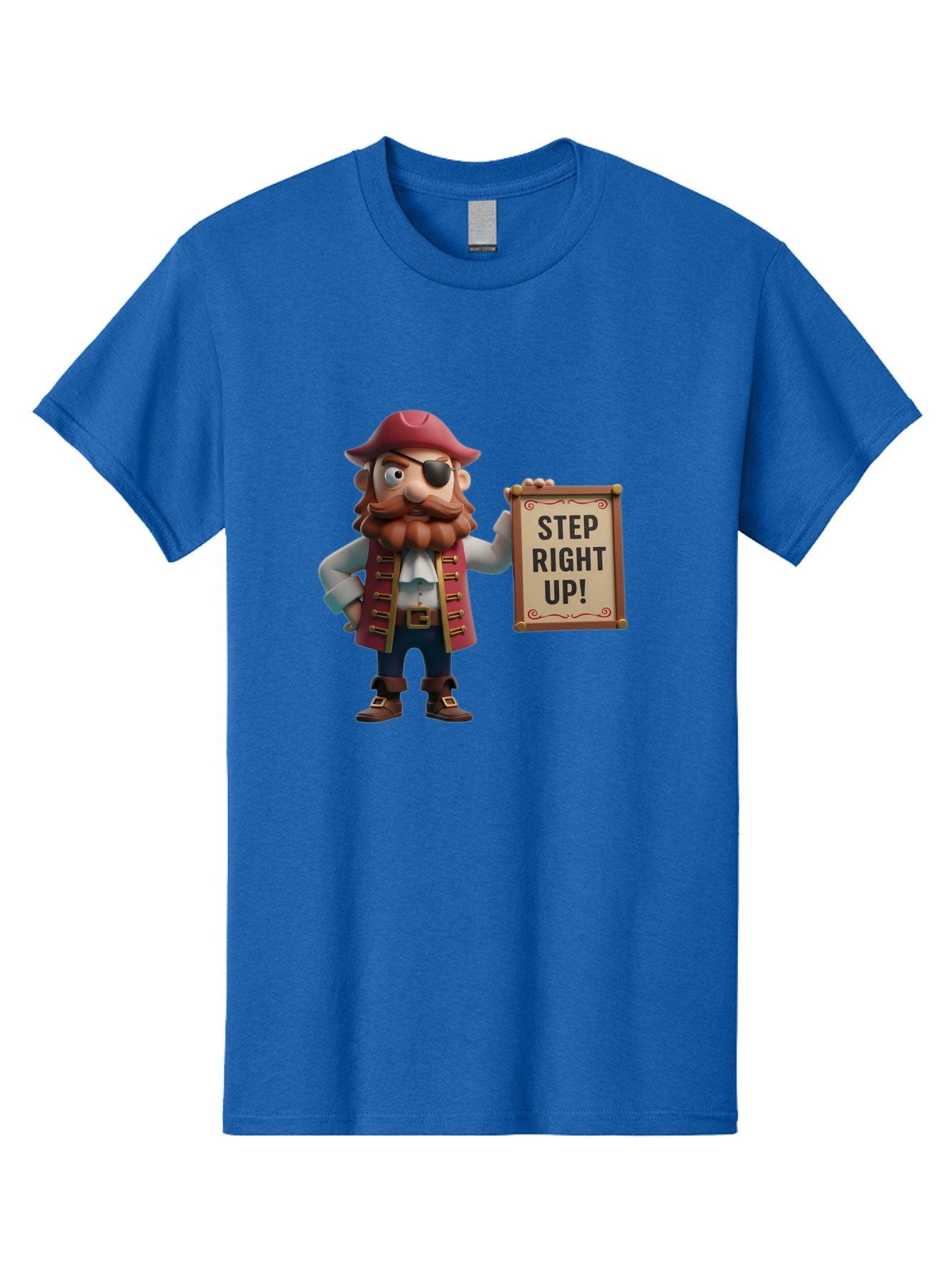 Step-Right-Up Men'S Graphic Tee, 100% Cotton, Comfortable Casual Summer Wear, Machine Washable, Pirate Character, Cartoon Illustration, Step Right Up Sign, Pirate Costume, Red Hat, Eye Patch, Curly Beard, Vintage Style, Playful Atmosphere, Bad725