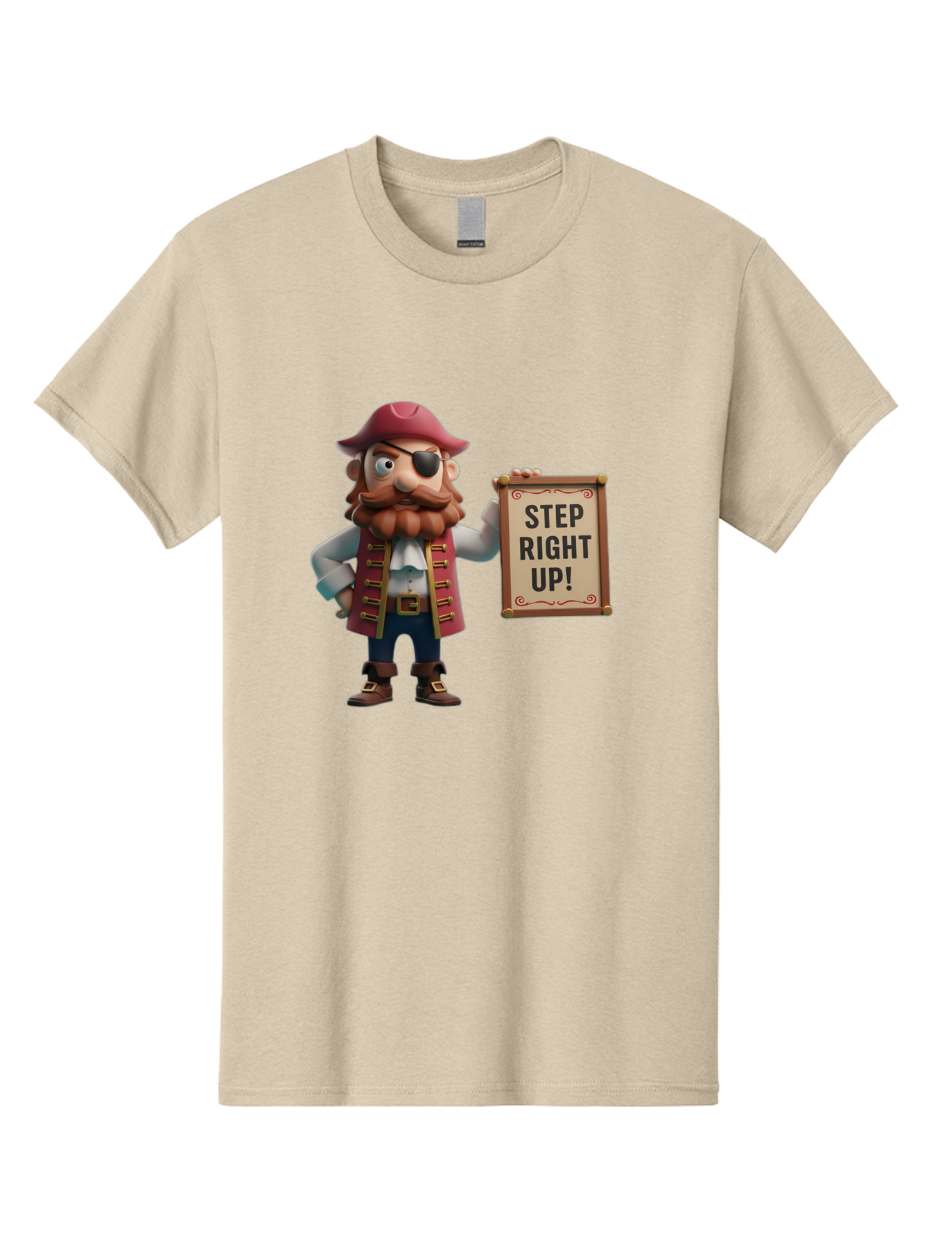 Step-Right-Up Men'S Graphic Tee, 100% Cotton, Comfortable Casual Summer Wear, Machine Washable, Pirate Character, Cartoon Illustration, Step Right Up Sign, Pirate Costume, Red Hat, Eye Patch, Curly Beard, Vintage Style, Playful Atmosphere, Bad725