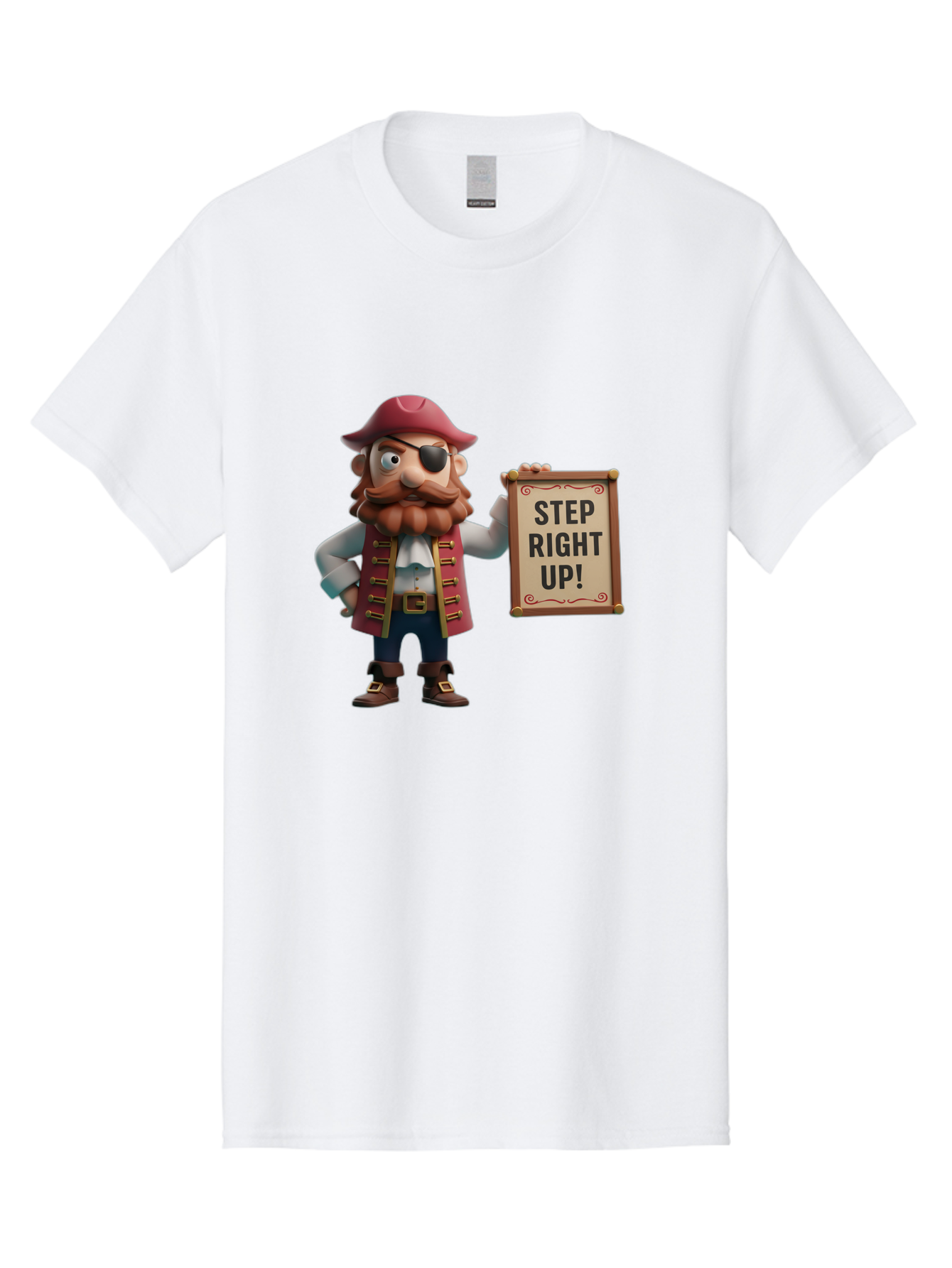 Step-Right-Up Men'S Graphic Tee, 100% Cotton, Comfortable Casual Summer Wear, Machine Washable, Pirate Character, Cartoon Illustration, Step Right Up Sign, Pirate Costume, Red Hat, Eye Patch, Curly Beard, Vintage Style, Playful Atmosphere, Bad725