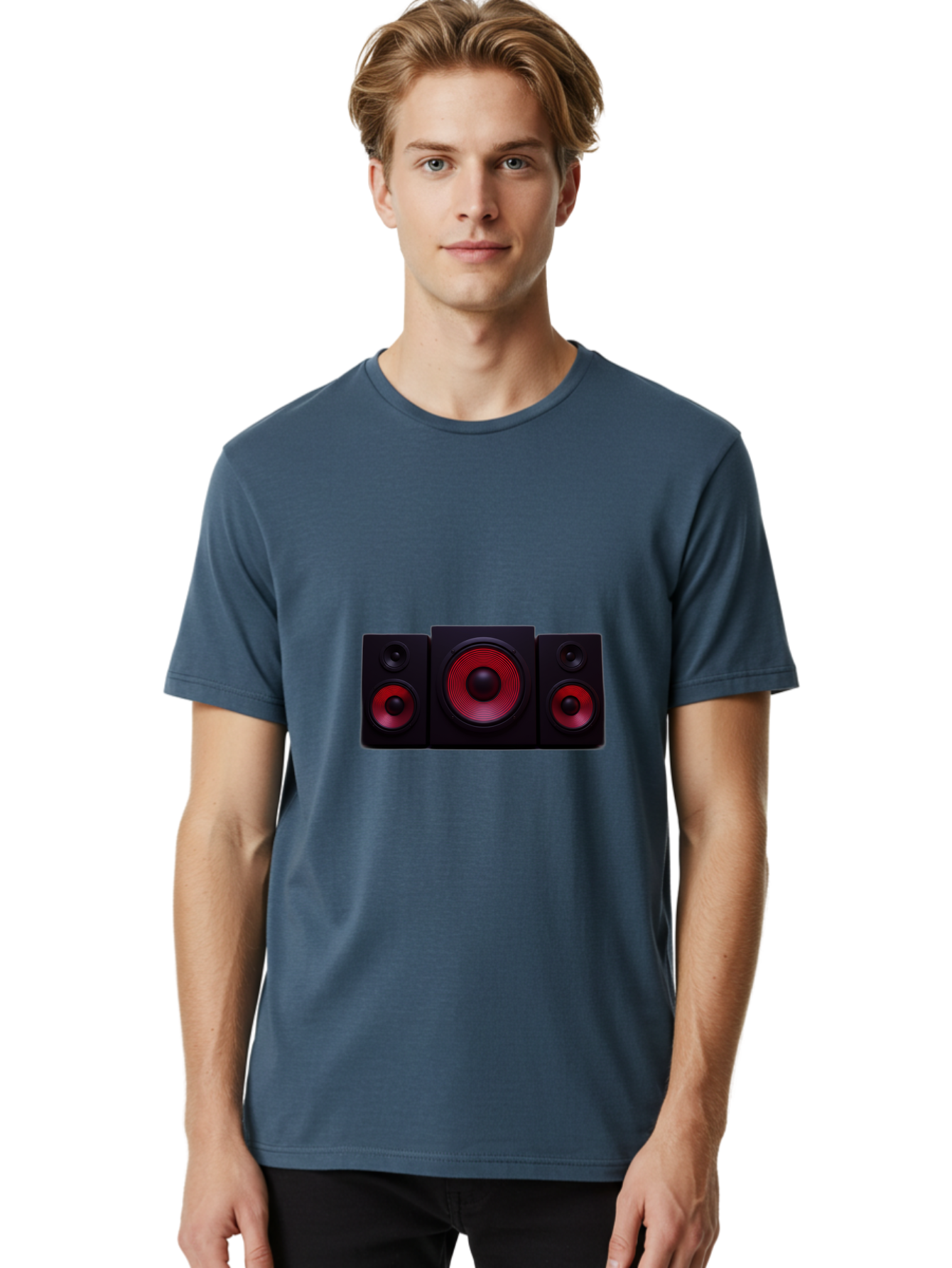 Stereo-Speakers Men'S Graphic Tee, 100% Cotton, Comfortable Casual Summer Wear, Machine Washable, Speaker System, Home Theater, Music Equipment, Audio Technology, Sound System, Subwoofer, Satellite Speakers, Black Speakers, Red Woofer, Bad726