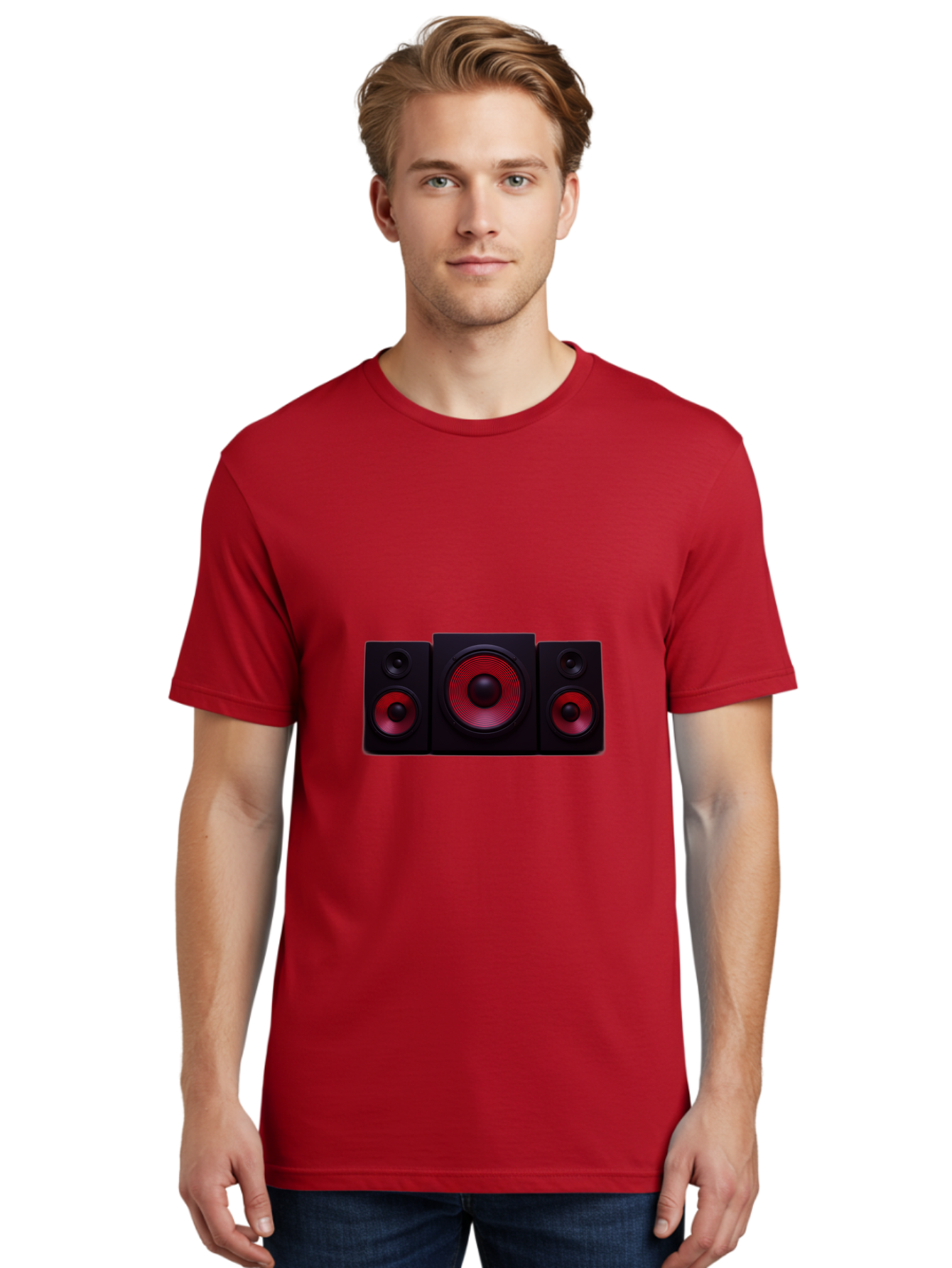 Stereo-Speakers Men'S Graphic Tee, 100% Cotton, Comfortable Casual Summer Wear, Machine Washable, Speaker System, Home Theater, Music Equipment, Audio Technology, Sound System, Subwoofer, Satellite Speakers, Black Speakers, Red Woofer, Bad726