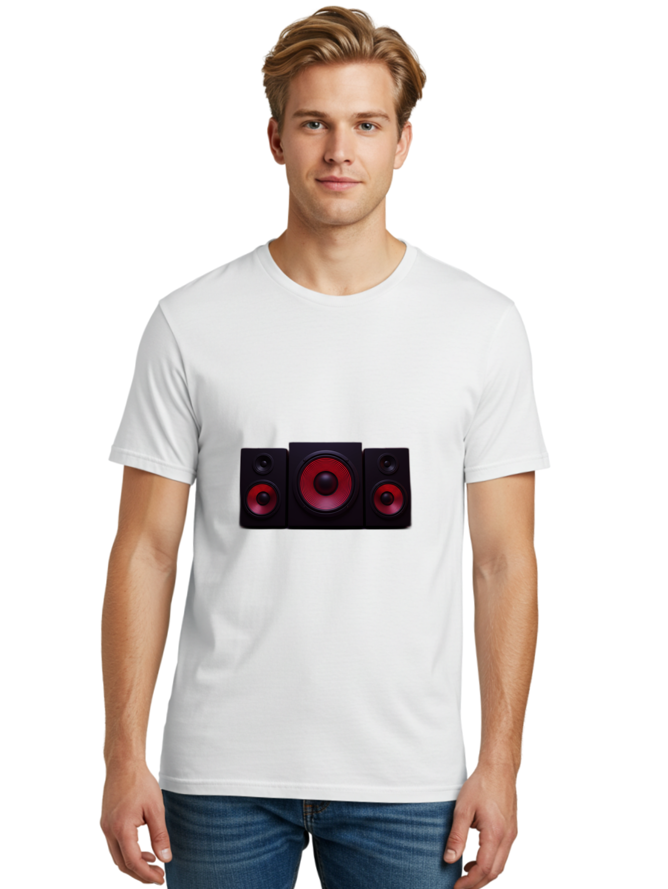 Stereo-Speakers Men'S Graphic Tee, 100% Cotton, Comfortable Casual Summer Wear, Machine Washable, Speaker System, Home Theater, Music Equipment, Audio Technology, Sound System, Subwoofer, Satellite Speakers, Black Speakers, Red Woofer, Bad726
