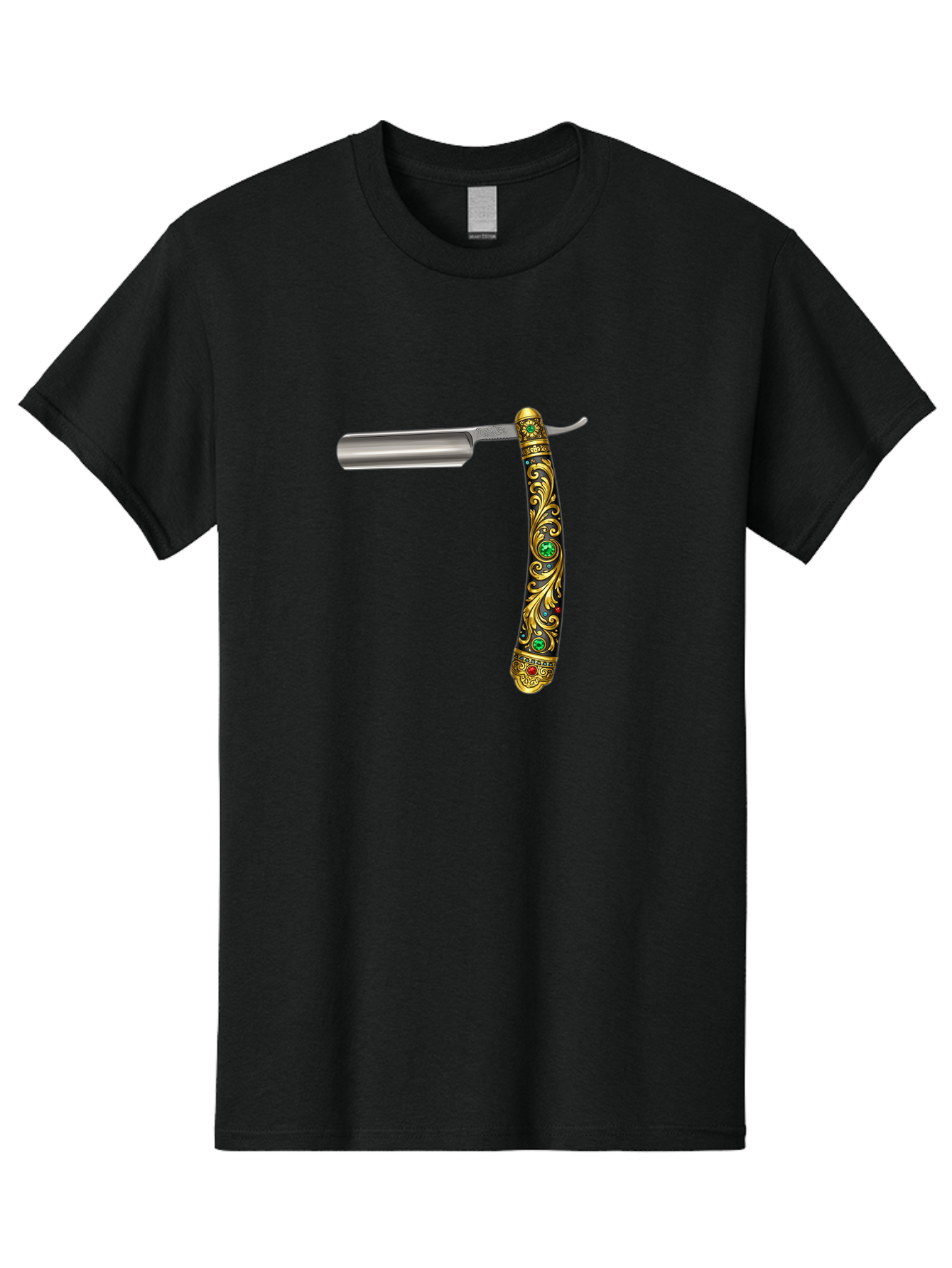 Straight-Razor-1 Men'S Graphic Tee, 100% Cotton, Comfortable Casual Summer Wear, Machine Washable, Straight Razor, Vintage Shaving, Antique Grooming, Luxurious Design, Ornate Handle, Emerald Gems, Gold Filigree, Classic Elegance, Bad727