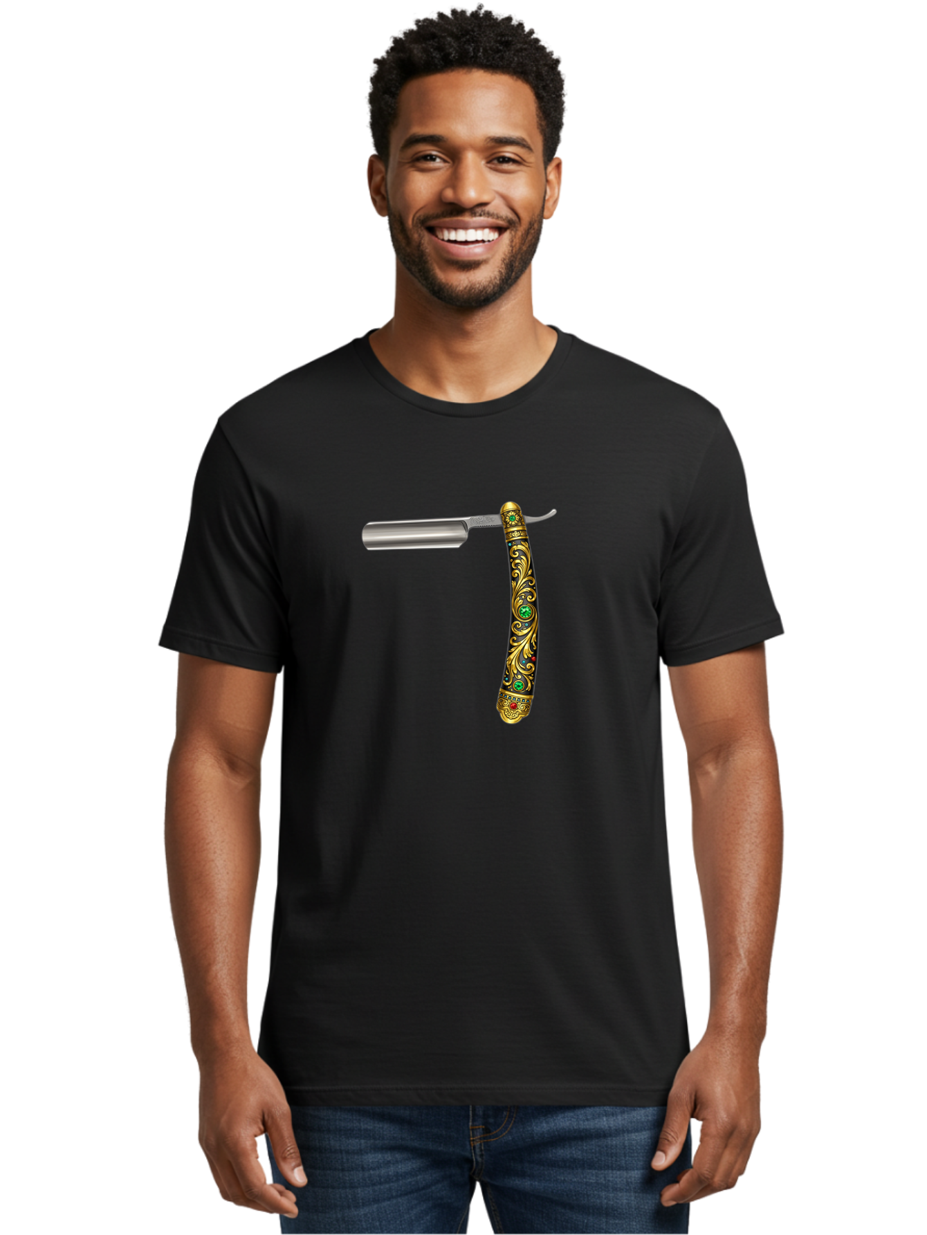 Straight-Razor-1 Men'S Graphic Tee, 100% Cotton, Comfortable Casual Summer Wear, Machine Washable, Straight Razor, Vintage Shaving, Antique Grooming, Luxurious Design, Ornate Handle, Emerald Gems, Gold Filigree, Classic Elegance, Bad727