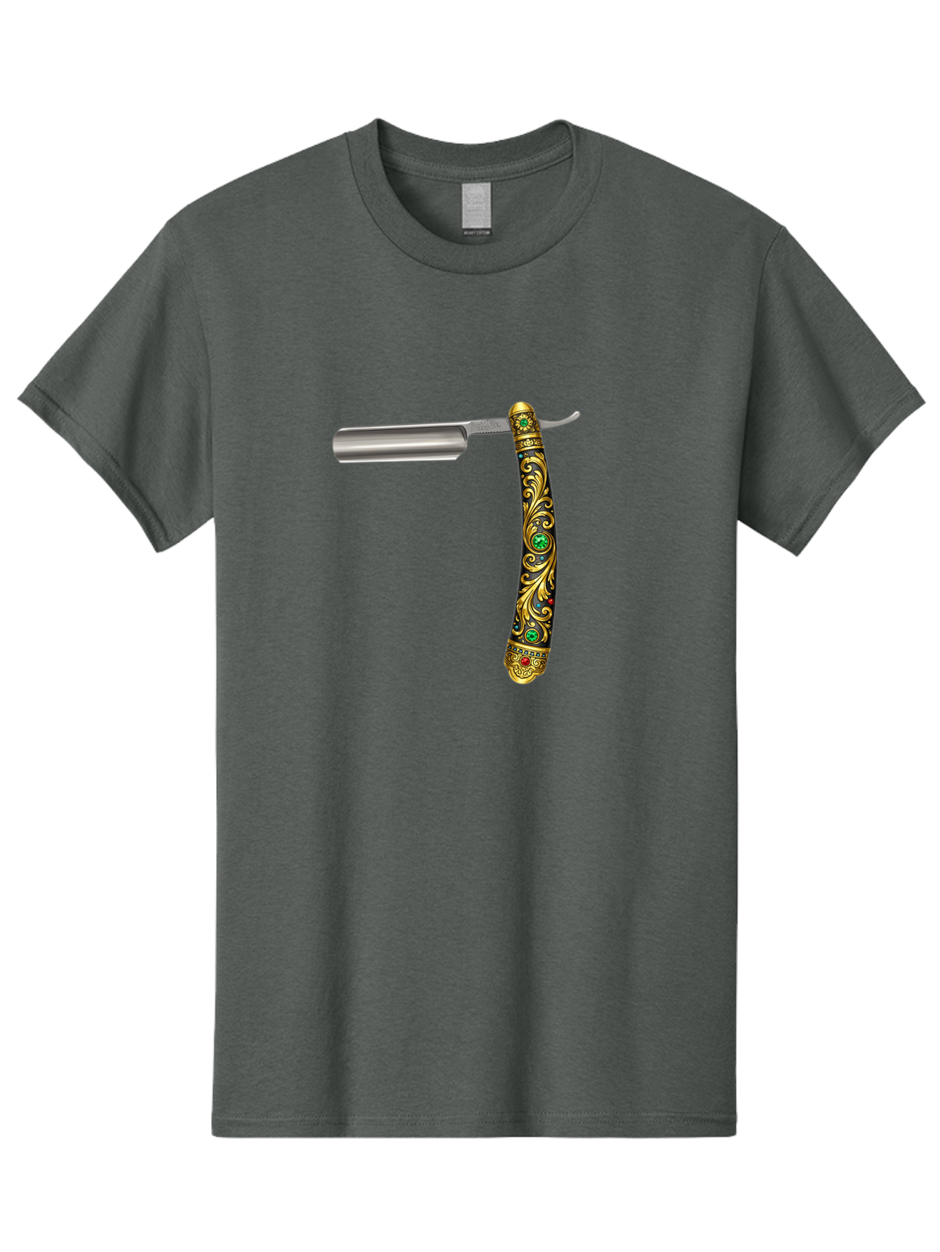 Straight-Razor-1 Men'S Graphic Tee, 100% Cotton, Comfortable Casual Summer Wear, Machine Washable, Straight Razor, Vintage Shaving, Antique Grooming, Luxurious Design, Ornate Handle, Emerald Gems, Gold Filigree, Classic Elegance, Bad727