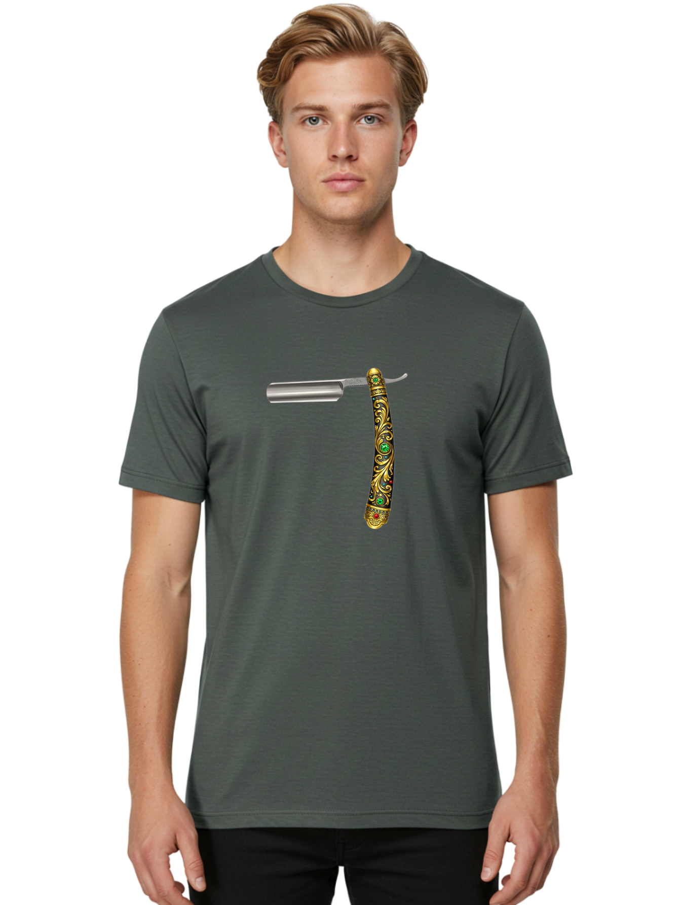 Straight-Razor-1 Men'S Graphic Tee, 100% Cotton, Comfortable Casual Summer Wear, Machine Washable, Straight Razor, Vintage Shaving, Antique Grooming, Luxurious Design, Ornate Handle, Emerald Gems, Gold Filigree, Classic Elegance, Bad727