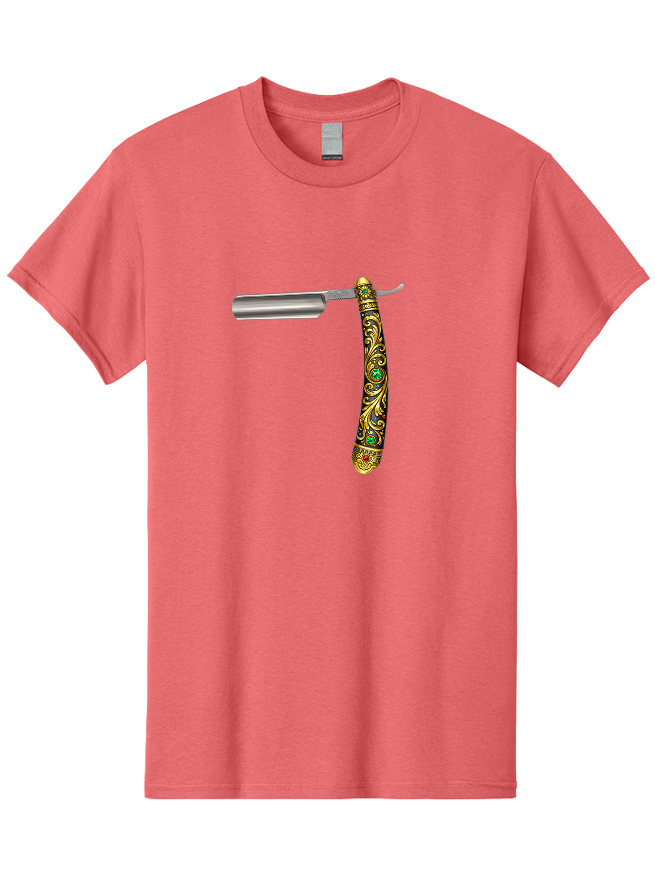 Straight-Razor-1 Men'S Graphic Tee, 100% Cotton, Comfortable Casual Summer Wear, Machine Washable, Straight Razor, Vintage Shaving, Antique Grooming, Luxurious Design, Ornate Handle, Emerald Gems, Gold Filigree, Classic Elegance, Bad727