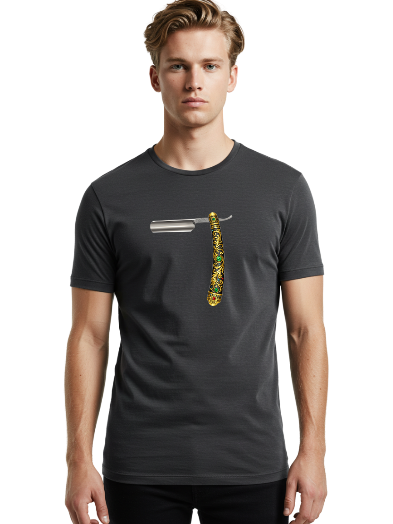 Straight-Razor-1 Men'S Graphic Tee, 100% Cotton, Comfortable Casual Summer Wear, Machine Washable, Straight Razor, Vintage Shaving, Antique Grooming, Luxurious Design, Ornate Handle, Emerald Gems, Gold Filigree, Classic Elegance, Bad727