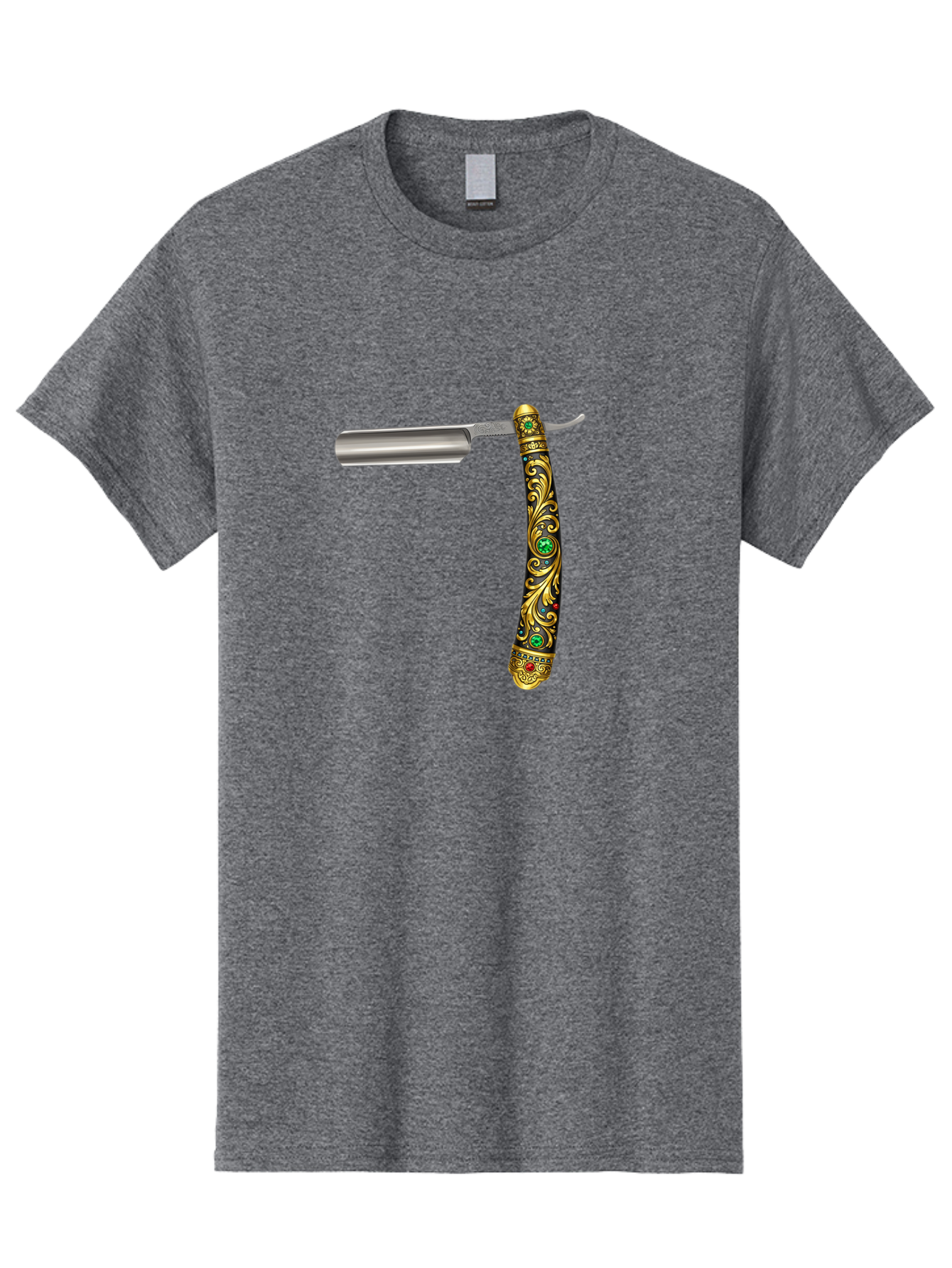 Straight-Razor-1 Men'S Graphic Tee, 100% Cotton, Comfortable Casual Summer Wear, Machine Washable, Straight Razor, Vintage Shaving, Antique Grooming, Luxurious Design, Ornate Handle, Emerald Gems, Gold Filigree, Classic Elegance, Bad727