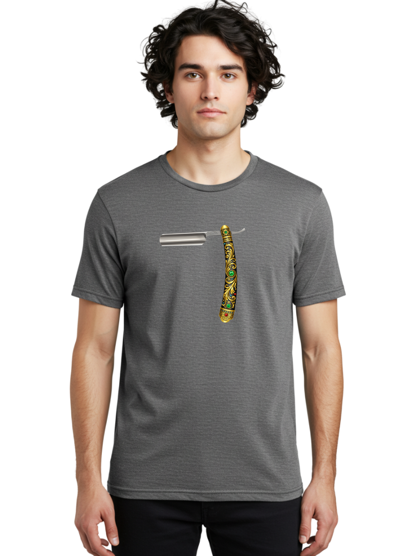 Straight-Razor-1 Men'S Graphic Tee, 100% Cotton, Comfortable Casual Summer Wear, Machine Washable, Straight Razor, Vintage Shaving, Antique Grooming, Luxurious Design, Ornate Handle, Emerald Gems, Gold Filigree, Classic Elegance, Bad727