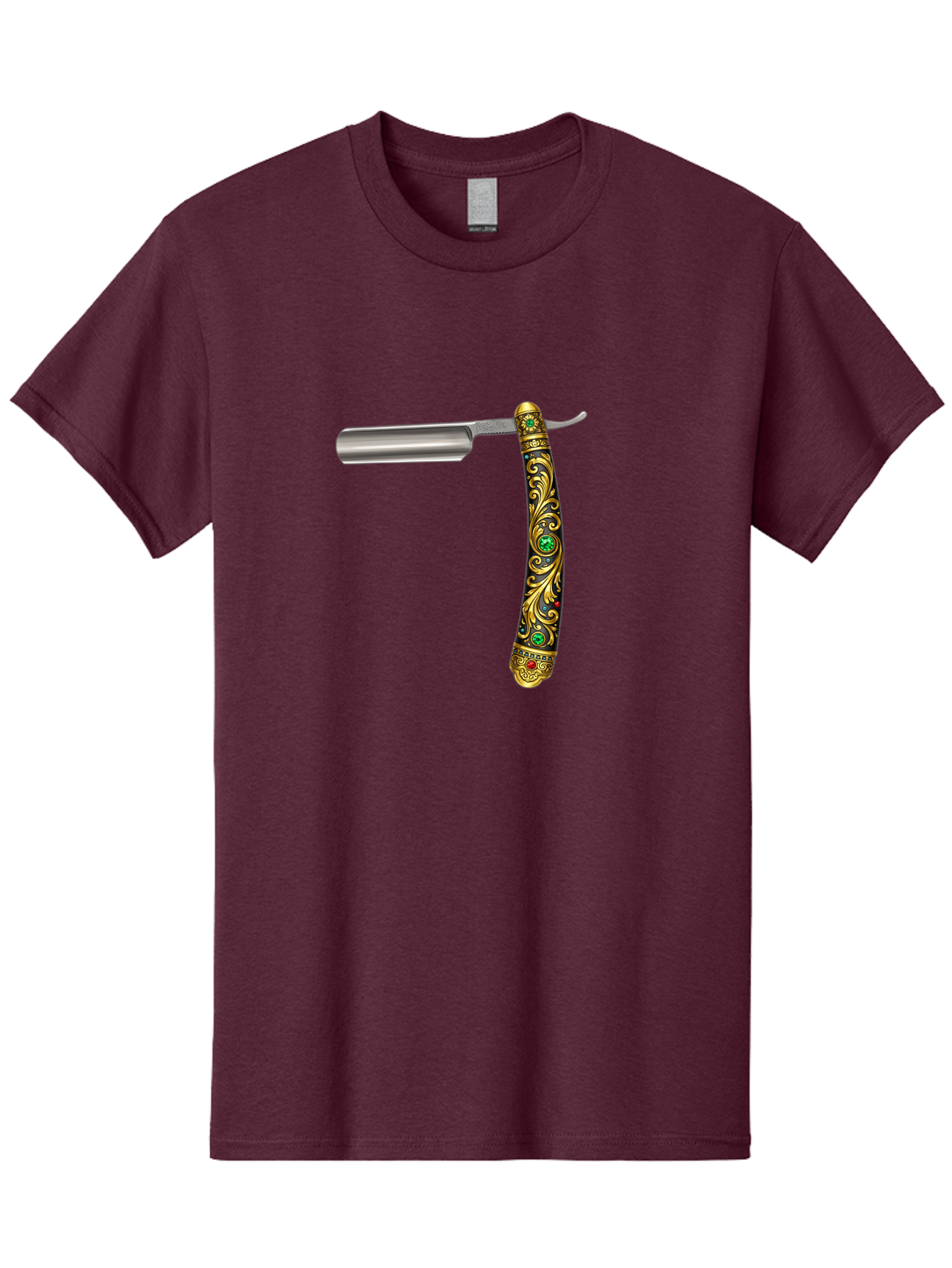 Straight-Razor-1 Men'S Graphic Tee, 100% Cotton, Comfortable Casual Summer Wear, Machine Washable, Straight Razor, Vintage Shaving, Antique Grooming, Luxurious Design, Ornate Handle, Emerald Gems, Gold Filigree, Classic Elegance, Bad727