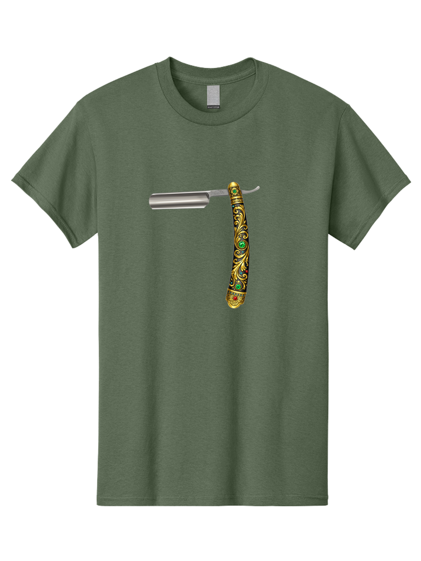 Straight-Razor-1 Men'S Graphic Tee, 100% Cotton, Comfortable Casual Summer Wear, Machine Washable, Straight Razor, Vintage Shaving, Antique Grooming, Luxurious Design, Ornate Handle, Emerald Gems, Gold Filigree, Classic Elegance, Bad727