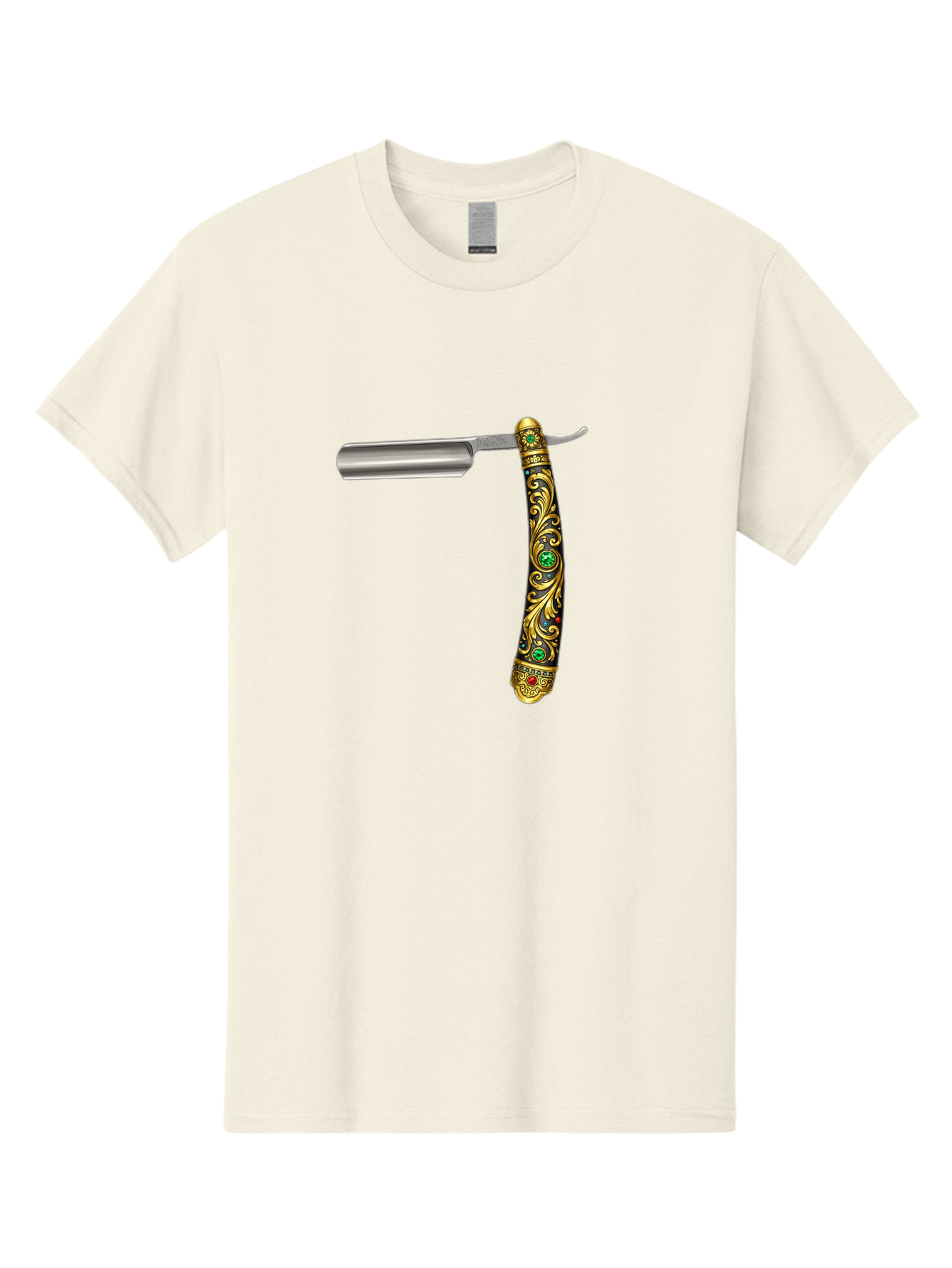 Straight-Razor-1 Men'S Graphic Tee, 100% Cotton, Comfortable Casual Summer Wear, Machine Washable, Straight Razor, Vintage Shaving, Antique Grooming, Luxurious Design, Ornate Handle, Emerald Gems, Gold Filigree, Classic Elegance, Bad727