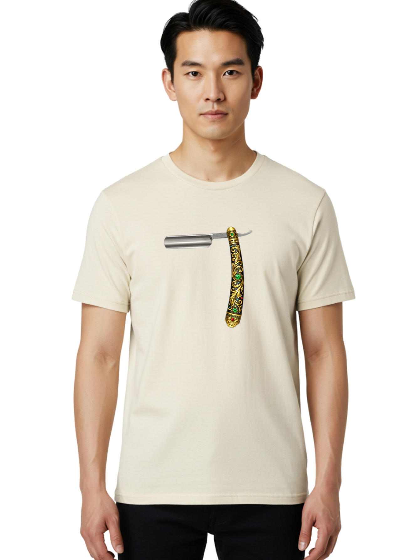 Straight-Razor-1 Men'S Graphic Tee, 100% Cotton, Comfortable Casual Summer Wear, Machine Washable, Straight Razor, Vintage Shaving, Antique Grooming, Luxurious Design, Ornate Handle, Emerald Gems, Gold Filigree, Classic Elegance, Bad727