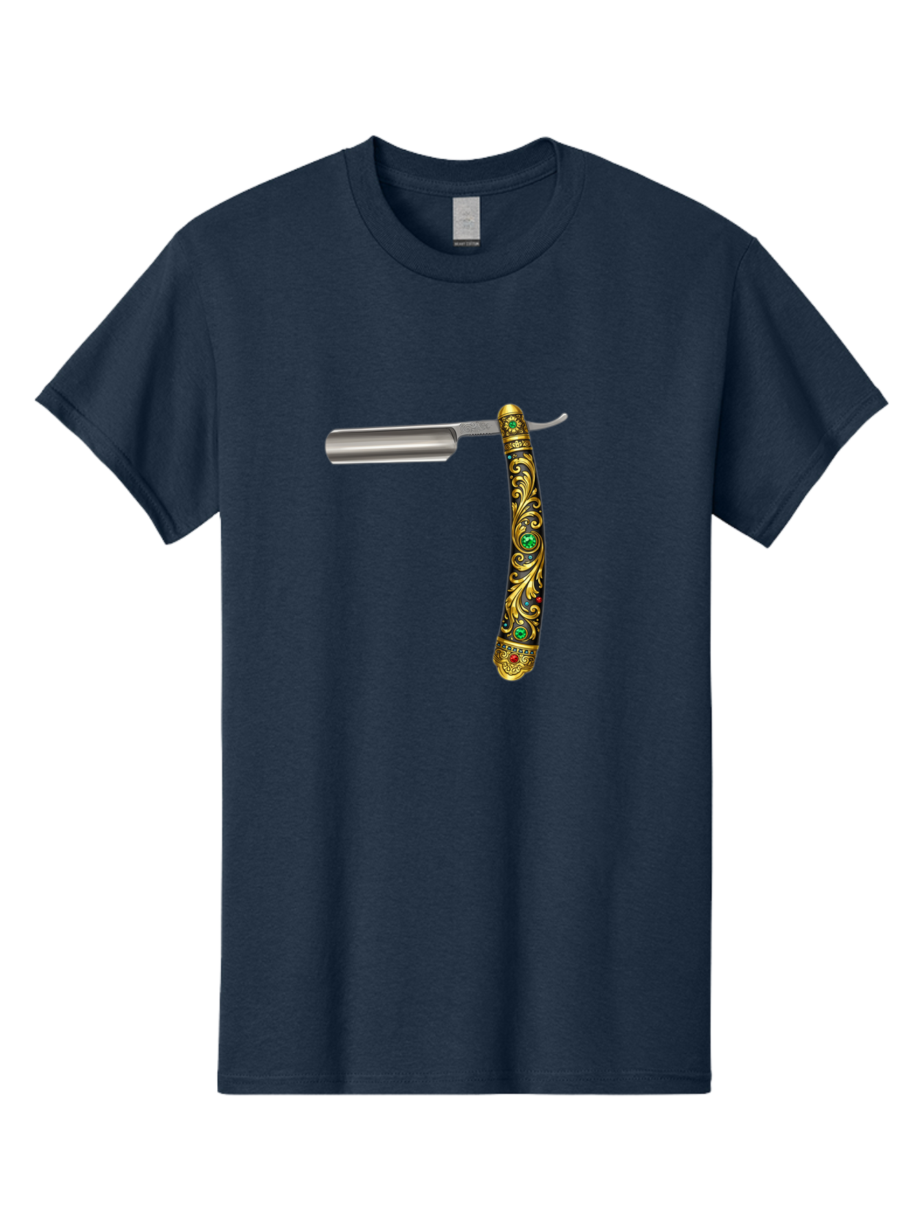 Straight-Razor-1 Men'S Graphic Tee, 100% Cotton, Comfortable Casual Summer Wear, Machine Washable, Straight Razor, Vintage Shaving, Antique Grooming, Luxurious Design, Ornate Handle, Emerald Gems, Gold Filigree, Classic Elegance, Bad727