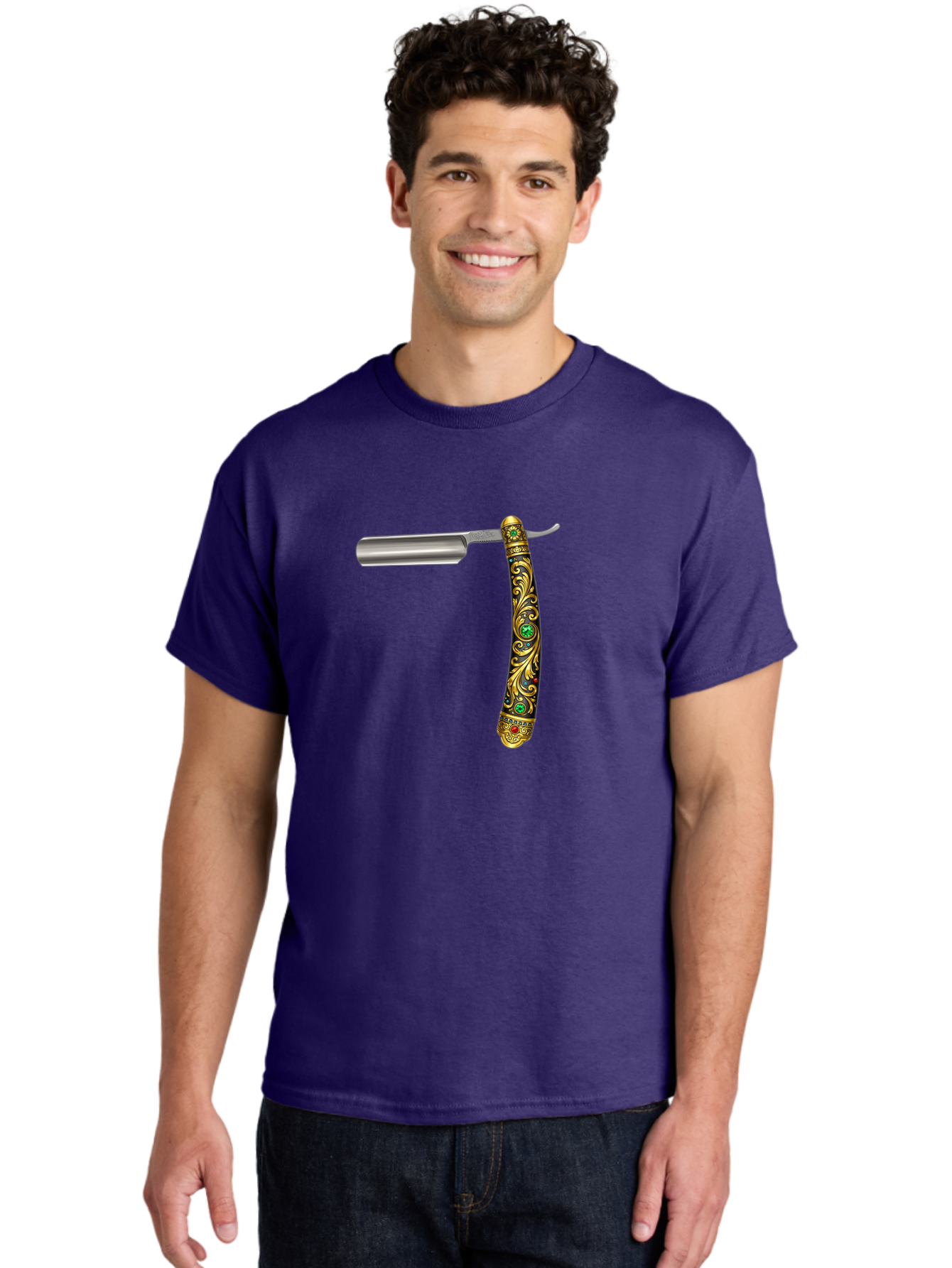 Straight-Razor-1 Men'S Graphic Tee, 100% Cotton, Comfortable Casual Summer Wear, Machine Washable, Straight Razor, Vintage Shaving, Antique Grooming, Luxurious Design, Ornate Handle, Emerald Gems, Gold Filigree, Classic Elegance, Bad727