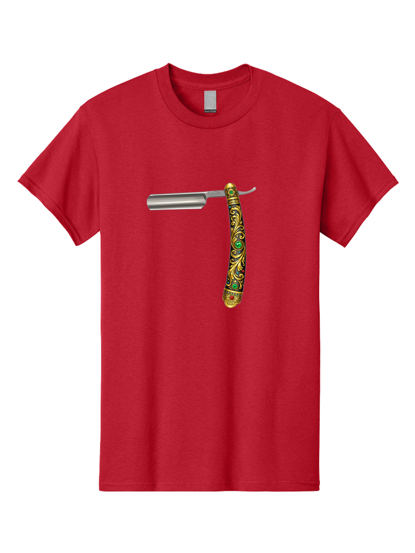 Straight-Razor-1 Men'S Graphic Tee, 100% Cotton, Comfortable Casual Summer Wear, Machine Washable, Straight Razor, Vintage Shaving, Antique Grooming, Luxurious Design, Ornate Handle, Emerald Gems, Gold Filigree, Classic Elegance, Bad727