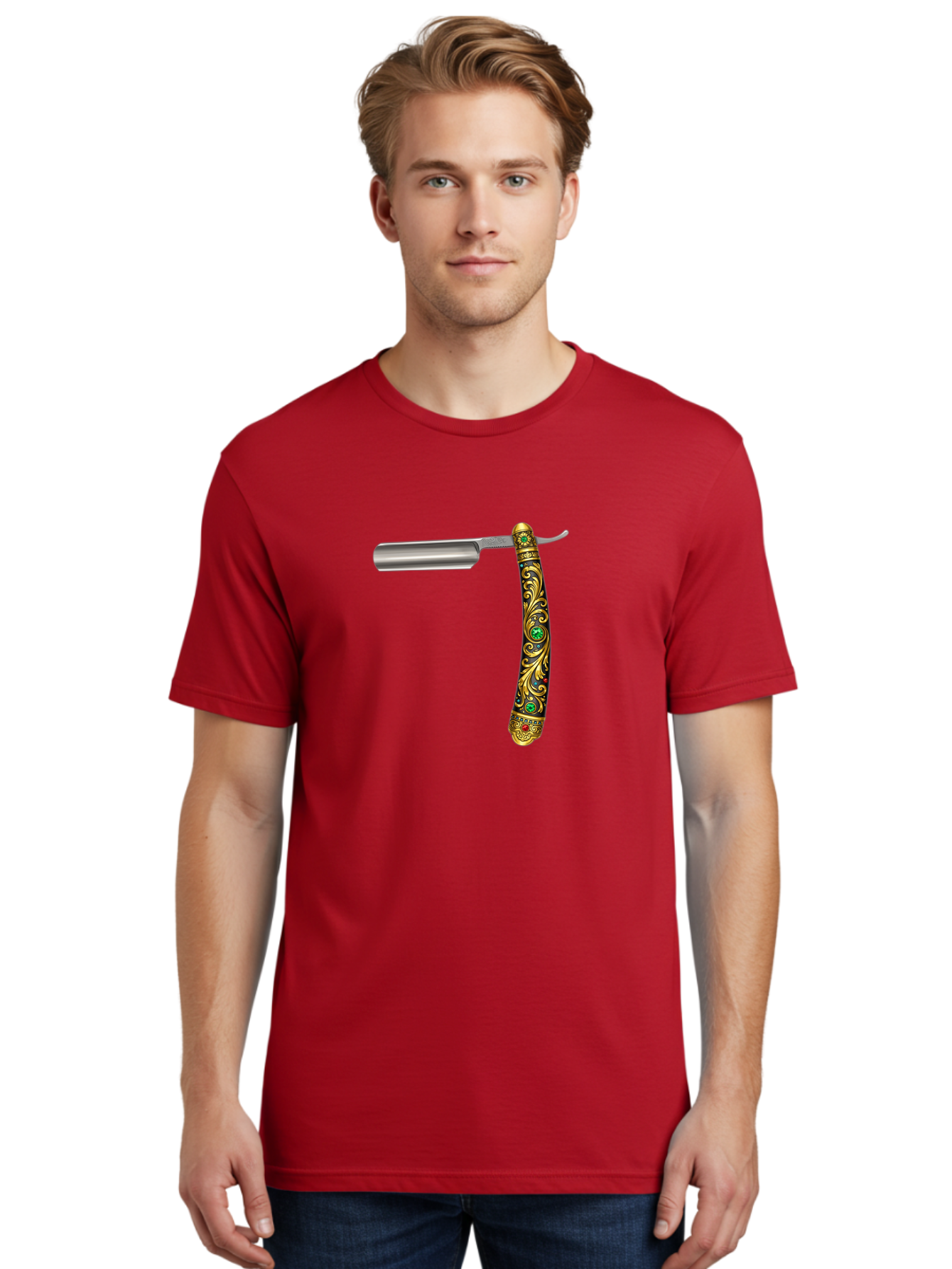 Straight-Razor-1 Men'S Graphic Tee, 100% Cotton, Comfortable Casual Summer Wear, Machine Washable, Straight Razor, Vintage Shaving, Antique Grooming, Luxurious Design, Ornate Handle, Emerald Gems, Gold Filigree, Classic Elegance, Bad727