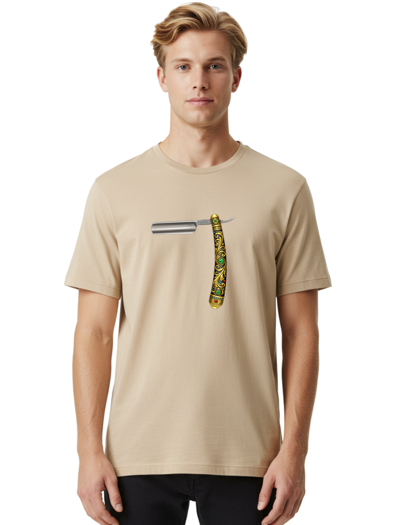 Straight-Razor-1 Men'S Graphic Tee, 100% Cotton, Comfortable Casual Summer Wear, Machine Washable, Straight Razor, Vintage Shaving, Antique Grooming, Luxurious Design, Ornate Handle, Emerald Gems, Gold Filigree, Classic Elegance, Bad727