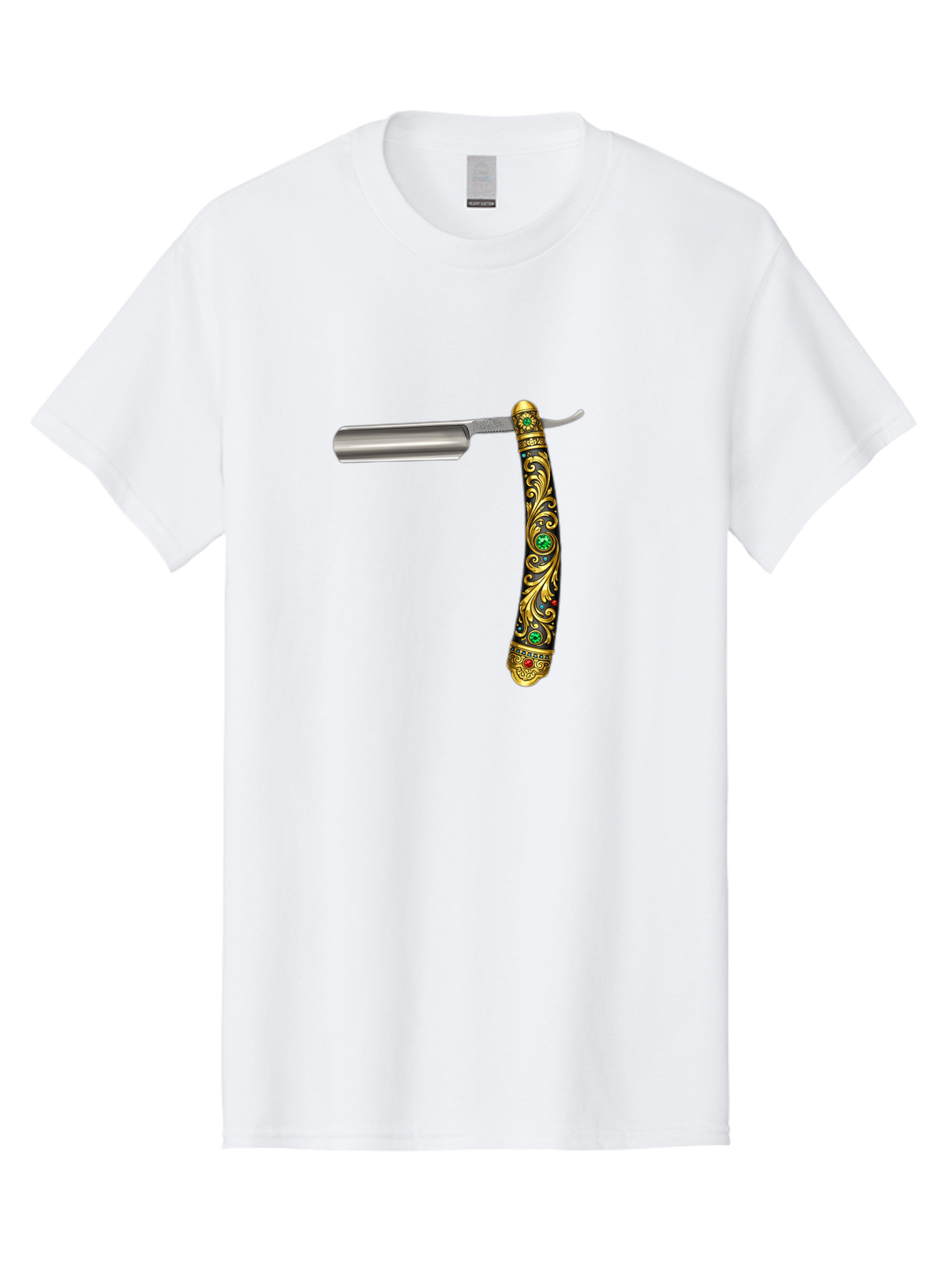 Straight-Razor-1 Men'S Graphic Tee, 100% Cotton, Comfortable Casual Summer Wear, Machine Washable, Straight Razor, Vintage Shaving, Antique Grooming, Luxurious Design, Ornate Handle, Emerald Gems, Gold Filigree, Classic Elegance, Bad727