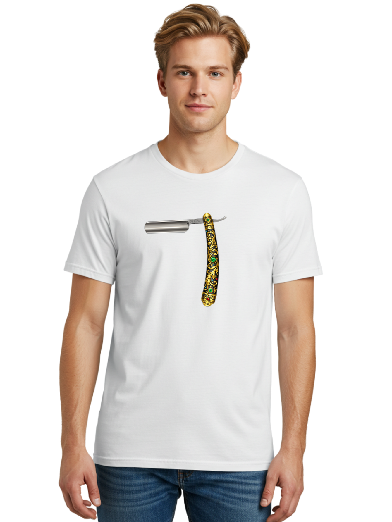 Straight-Razor-1 Men'S Graphic Tee, 100% Cotton, Comfortable Casual Summer Wear, Machine Washable, Straight Razor, Vintage Shaving, Antique Grooming, Luxurious Design, Ornate Handle, Emerald Gems, Gold Filigree, Classic Elegance, Bad727