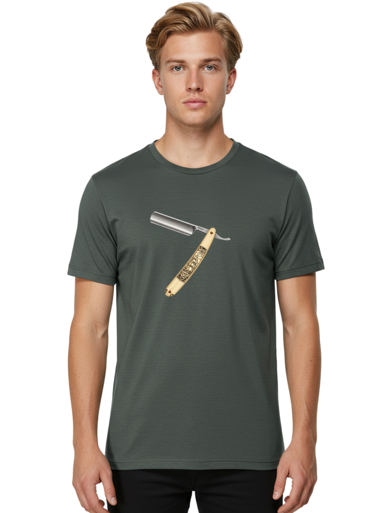 Straight-Razor-2 Men'S Graphic Tee, 100% Cotton, Comfortable Casual Summer Wear, Machine Washable, Straight Razor, Shaving Razor, Traditional Grooming, Vintage Design, Intricate Engravings, Sharp Blade, Precision Cutting, Stylish Accessories Bad728