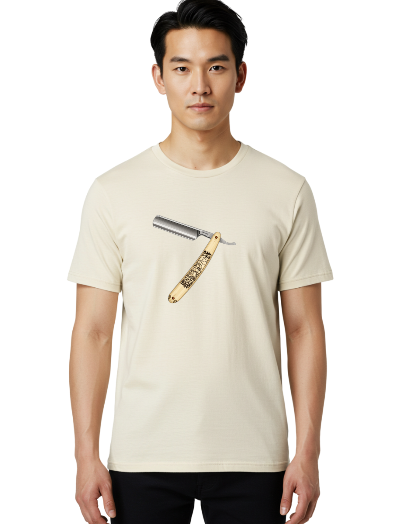 Straight-Razor-2 Men'S Graphic Tee, 100% Cotton, Comfortable Casual Summer Wear, Machine Washable, Straight Razor, Shaving Razor, Traditional Grooming, Vintage Design, Intricate Engravings, Sharp Blade, Precision Cutting, Stylish Accessories Bad728