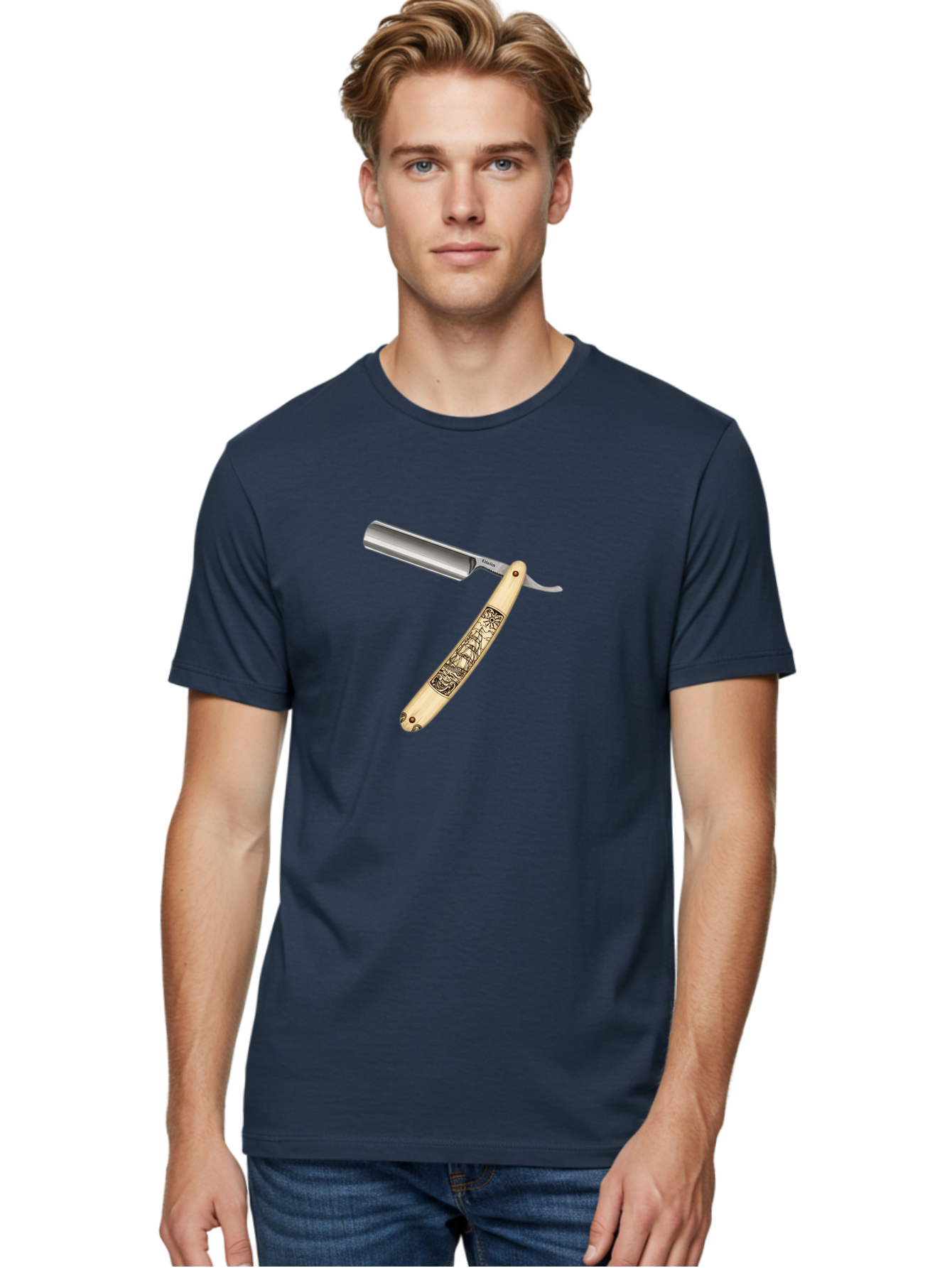 Straight-Razor-2 Men'S Graphic Tee, 100% Cotton, Comfortable Casual Summer Wear, Machine Washable, Straight Razor, Shaving Razor, Traditional Grooming, Vintage Design, Intricate Engravings, Sharp Blade, Precision Cutting, Stylish Accessories Bad728