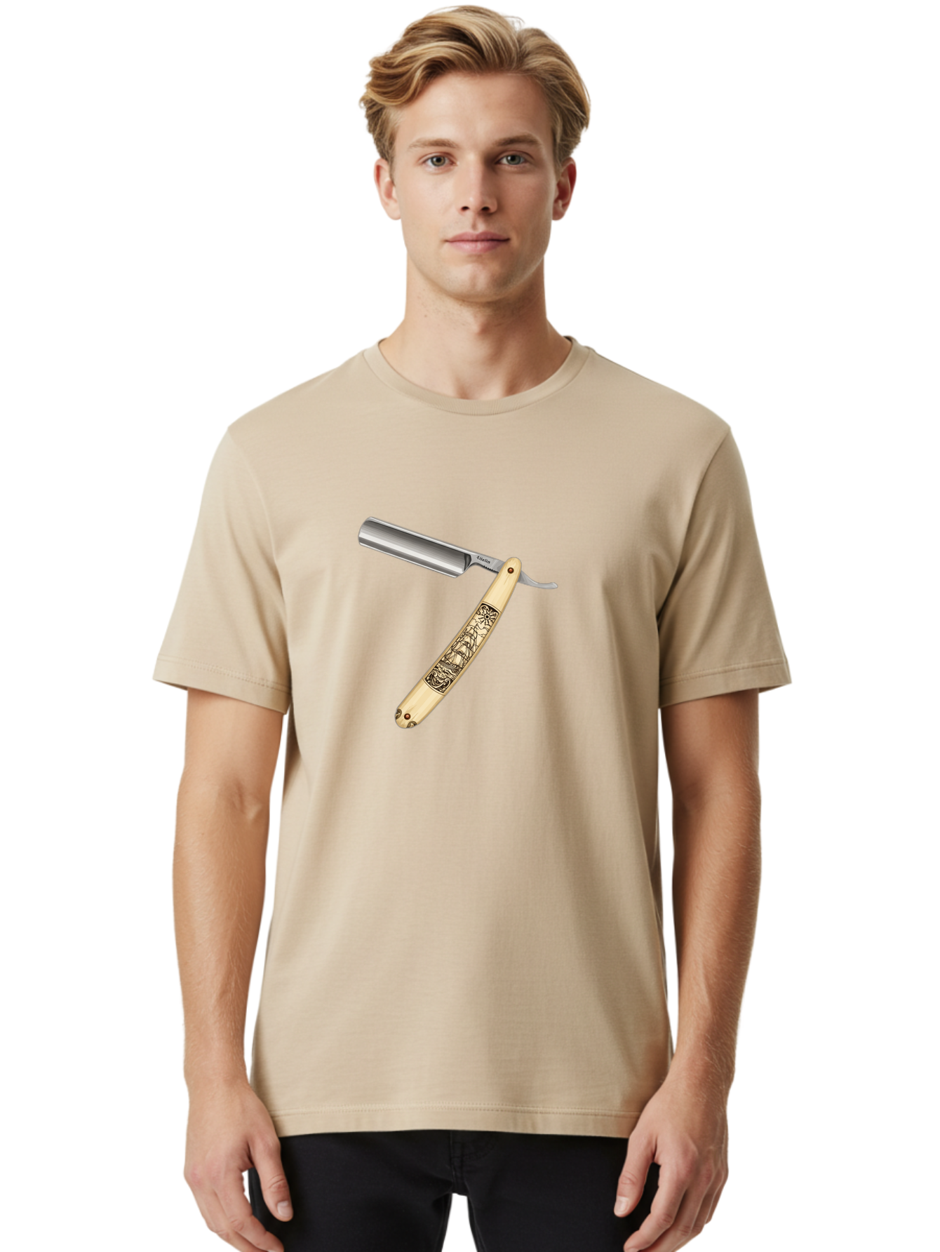 Straight-Razor-2 Men'S Graphic Tee, 100% Cotton, Comfortable Casual Summer Wear, Machine Washable, Straight Razor, Shaving Razor, Traditional Grooming, Vintage Design, Intricate Engravings, Sharp Blade, Precision Cutting, Stylish Accessories Bad728
