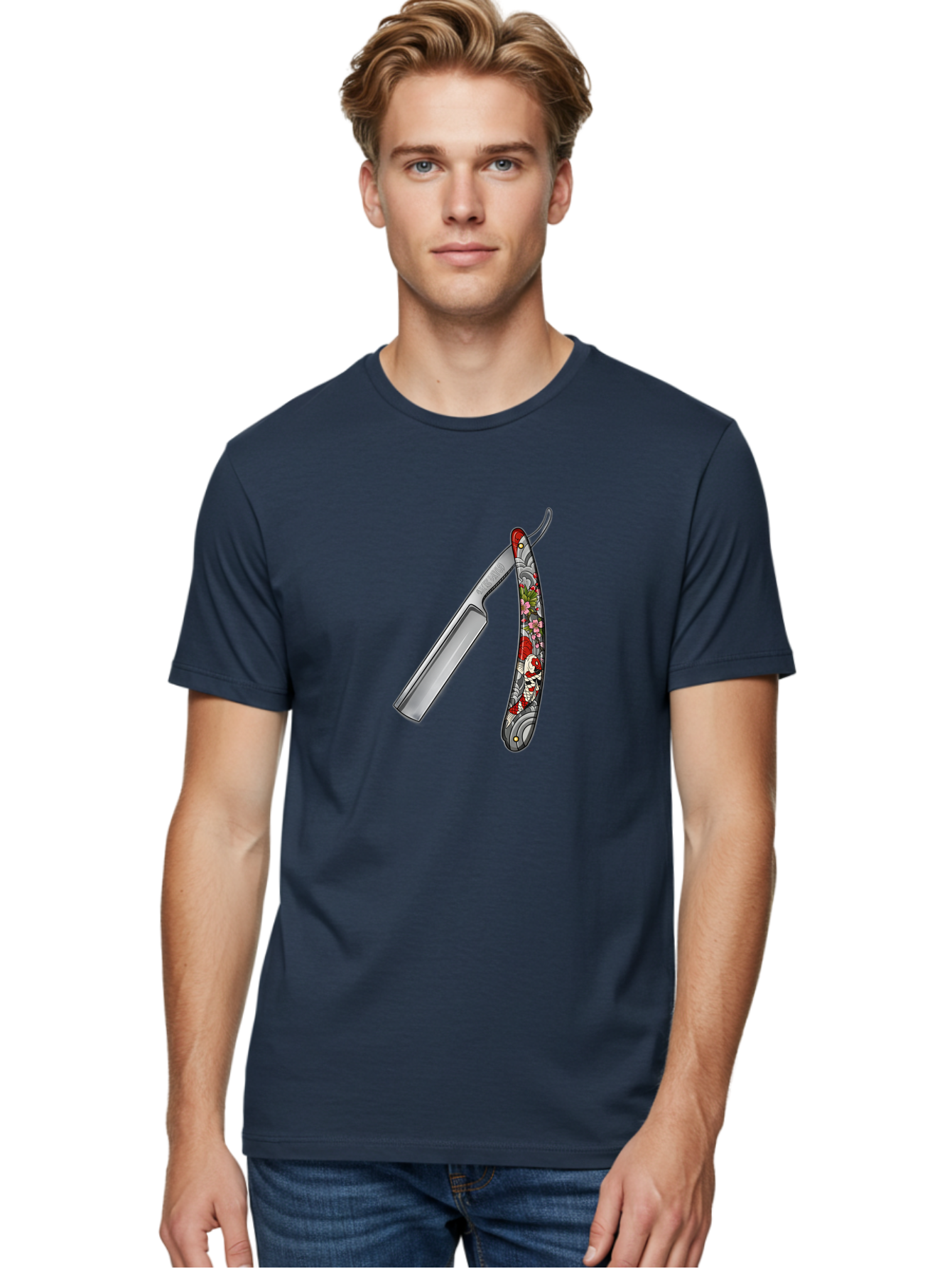 Straight-Razor-3 Men'S Graphic Tee, 100% Cotton, Comfortable Casual Summer Wear, Machine Washable, Straight Razor, Shaving Tool, Traditional Grooming, Floral Design, Vintage Style, Metal Blade, Ornate Handle, Grooming Essentials, Bad729