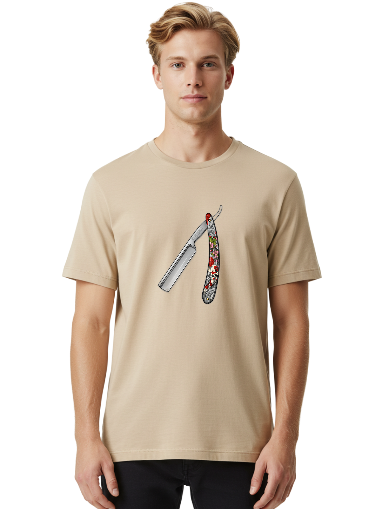 Straight-Razor-3 Men'S Graphic Tee, 100% Cotton, Comfortable Casual Summer Wear, Machine Washable, Straight Razor, Shaving Tool, Traditional Grooming, Floral Design, Vintage Style, Metal Blade, Ornate Handle, Grooming Essentials, Bad729