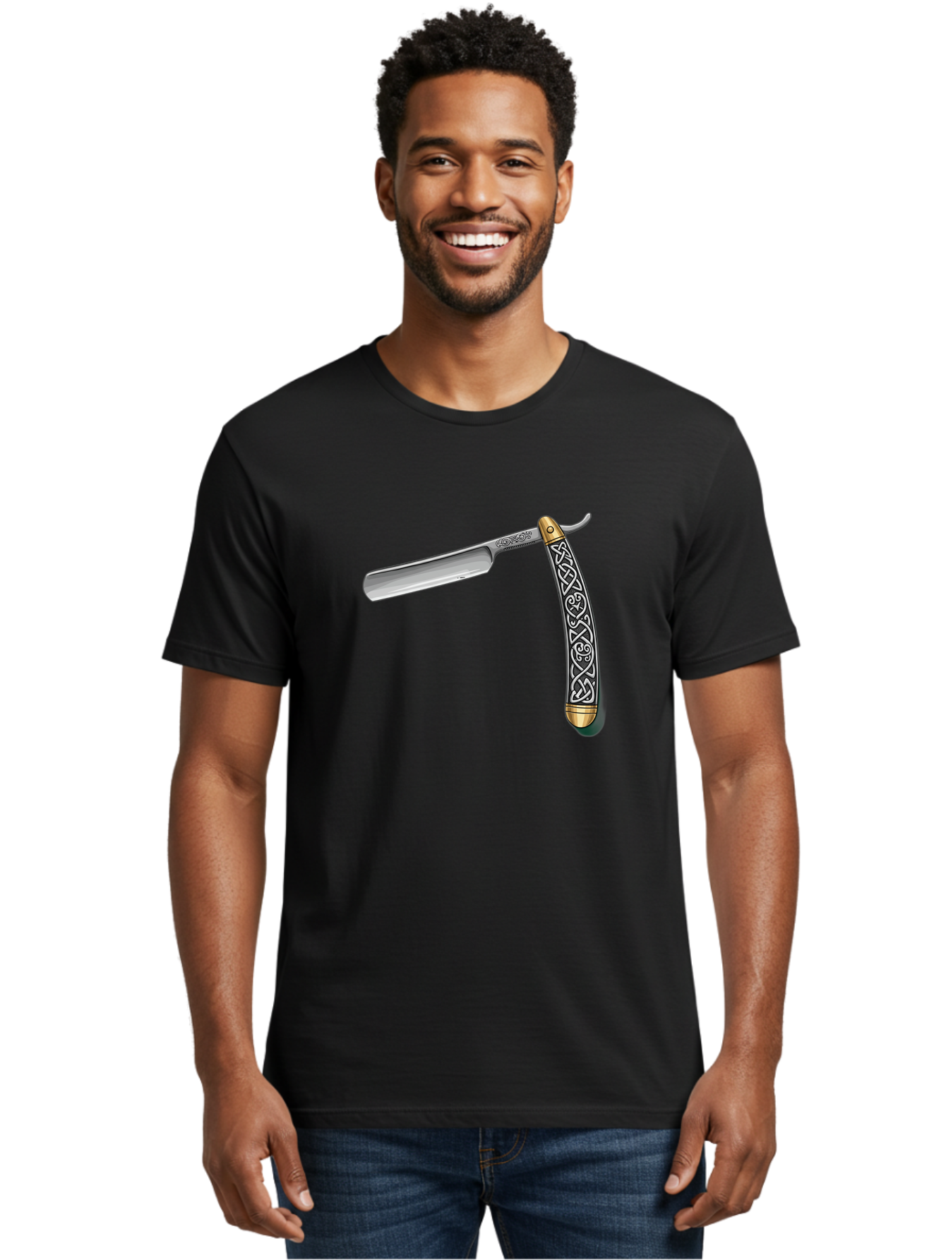 Straight-Razor-5 Men'S Graphic Tee, 100% Cotton, Comfortable Casual Summer Wear, Machine Washable, Cut-Throat Razor, Straight Razor, Vintage Shaving, Traditional Grooming, Antique Design, Intricate Patterns, Razor Blade, Shaving Tools, Bad731