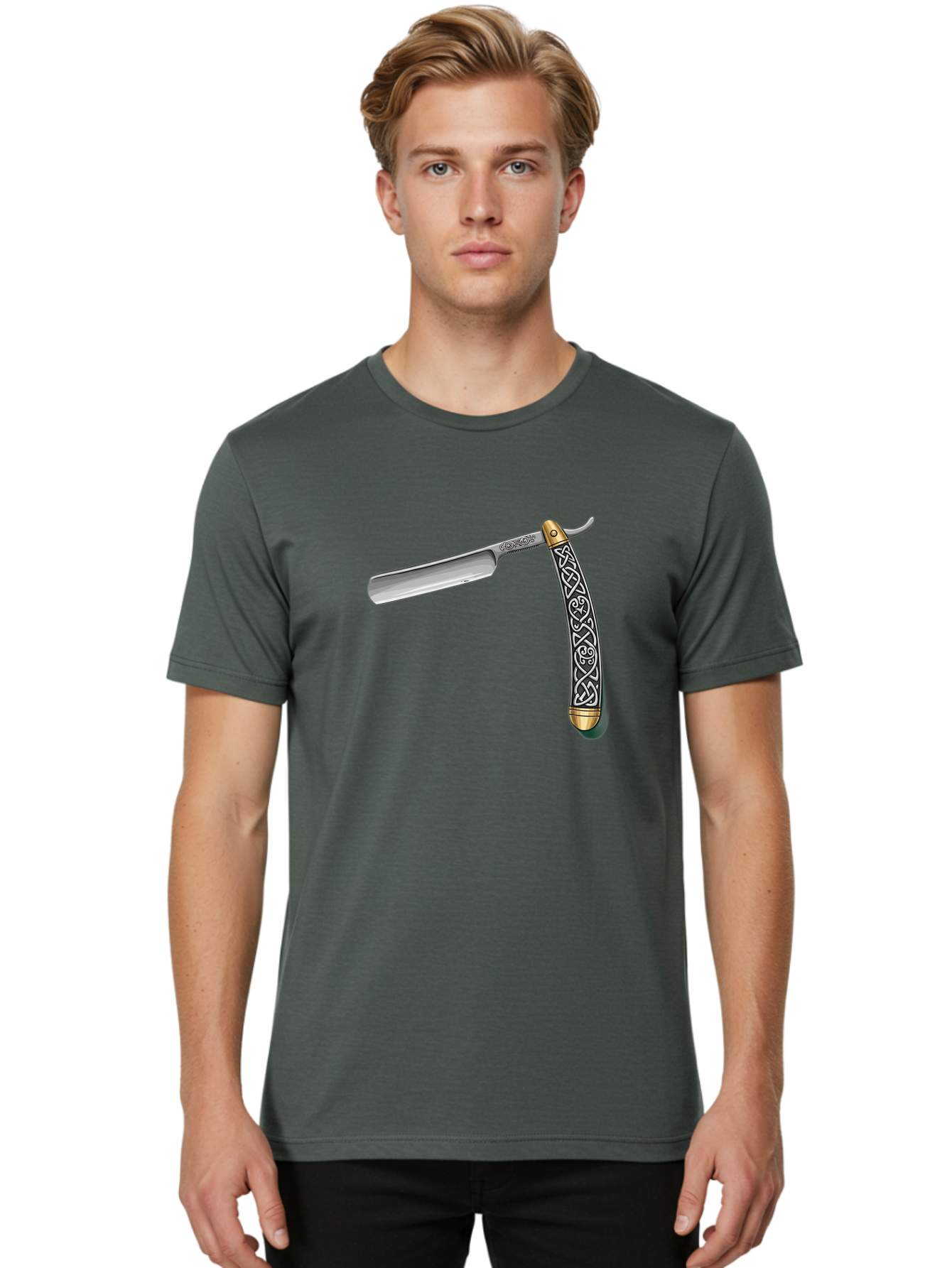 Straight-Razor-5 Men'S Graphic Tee, 100% Cotton, Comfortable Casual Summer Wear, Machine Washable, Cut-Throat Razor, Straight Razor, Vintage Shaving, Traditional Grooming, Antique Design, Intricate Patterns, Razor Blade, Shaving Tools, Bad731
