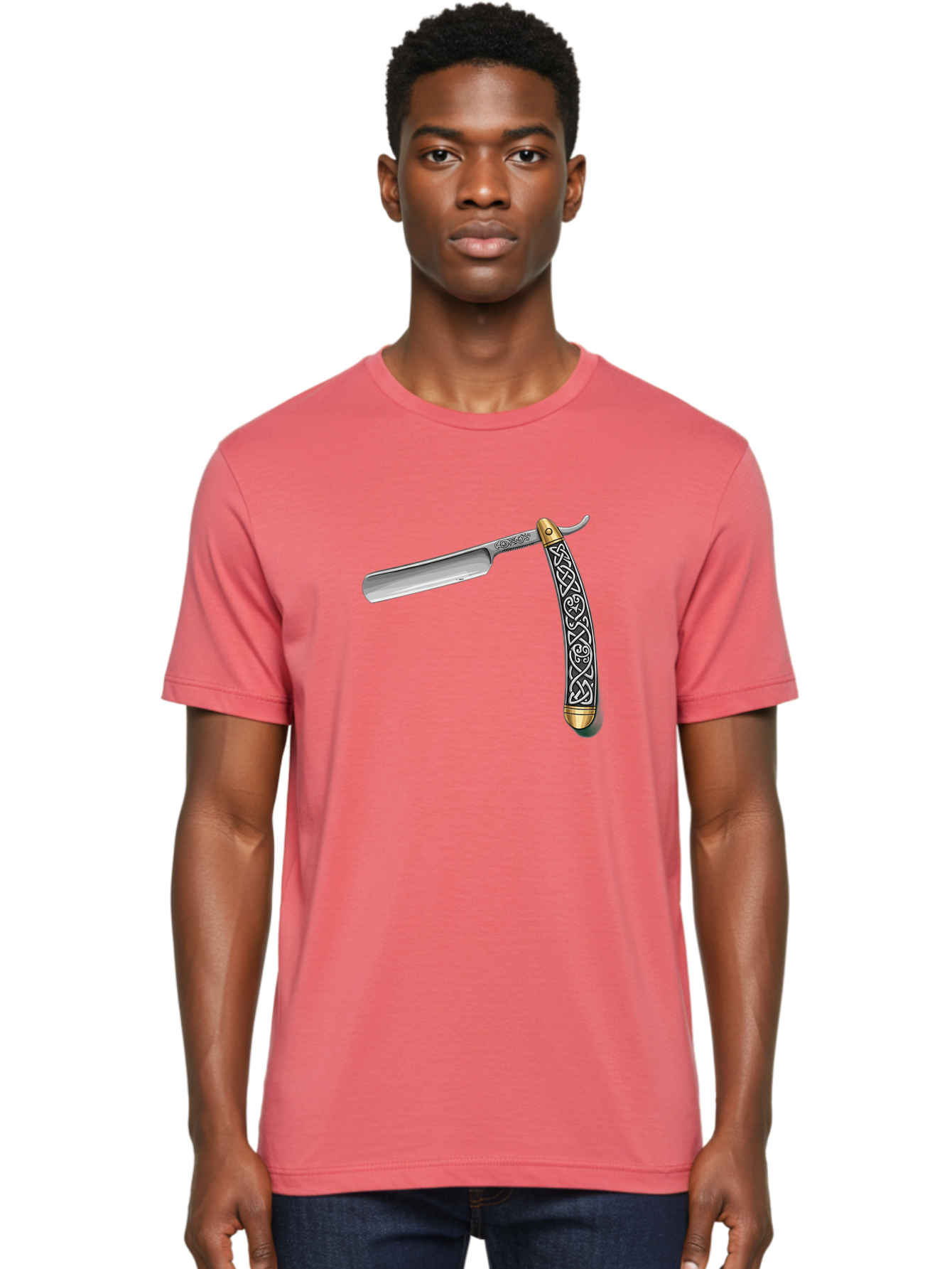 Straight-Razor-5 Men'S Graphic Tee, 100% Cotton, Comfortable Casual Summer Wear, Machine Washable, Cut-Throat Razor, Straight Razor, Vintage Shaving, Traditional Grooming, Antique Design, Intricate Patterns, Razor Blade, Shaving Tools, Bad731