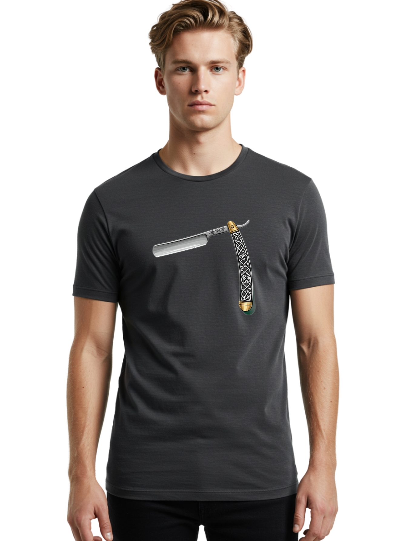 Straight-Razor-5 Men'S Graphic Tee, 100% Cotton, Comfortable Casual Summer Wear, Machine Washable, Cut-Throat Razor, Straight Razor, Vintage Shaving, Traditional Grooming, Antique Design, Intricate Patterns, Razor Blade, Shaving Tools, Bad731