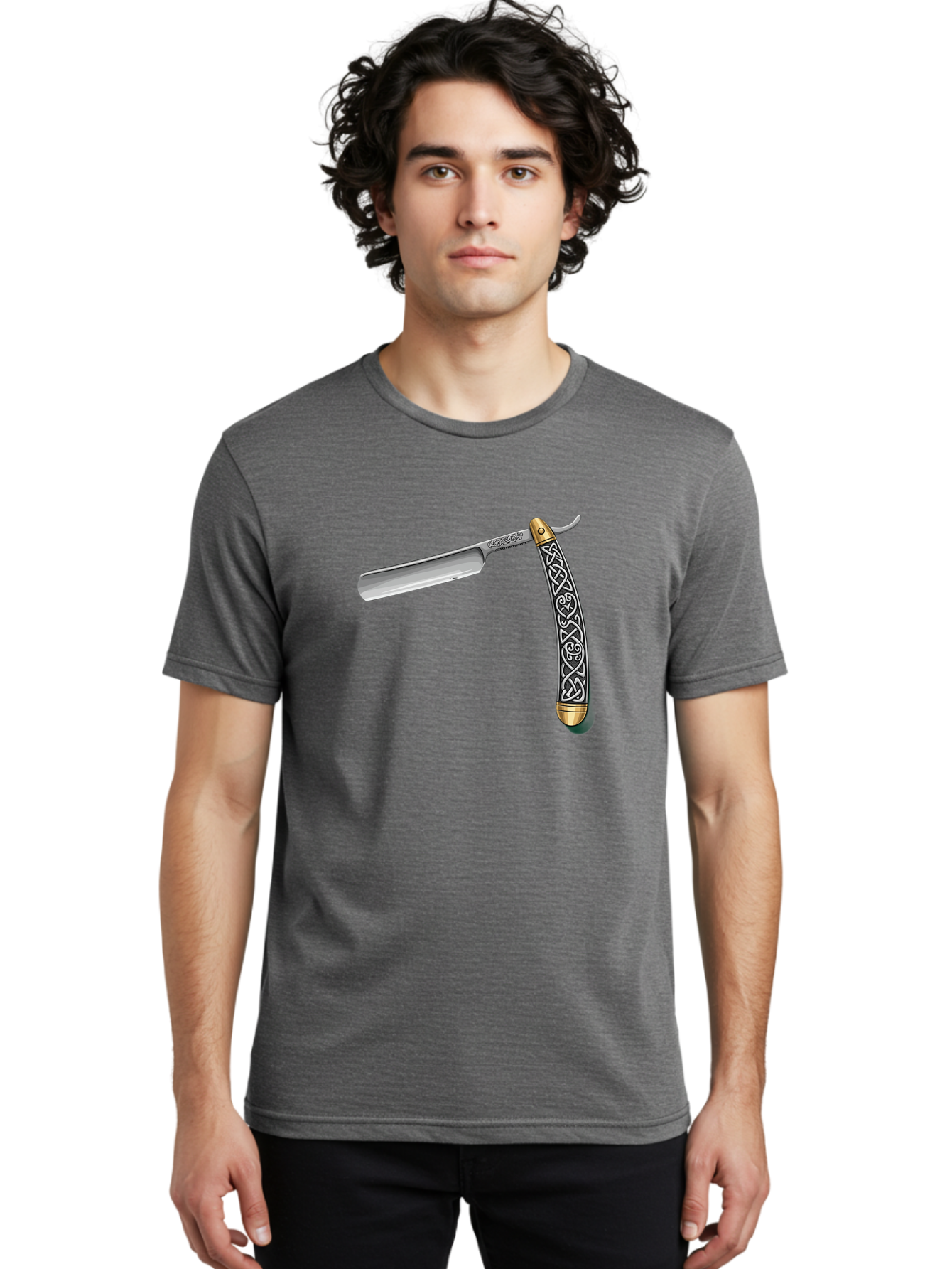 Straight-Razor-5 Men'S Graphic Tee, 100% Cotton, Comfortable Casual Summer Wear, Machine Washable, Cut-Throat Razor, Straight Razor, Vintage Shaving, Traditional Grooming, Antique Design, Intricate Patterns, Razor Blade, Shaving Tools, Bad731