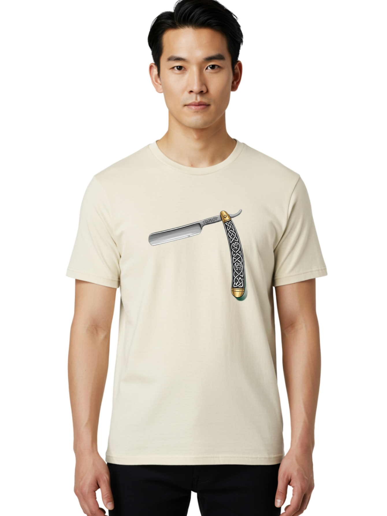 Straight-Razor-5 Men'S Graphic Tee, 100% Cotton, Comfortable Casual Summer Wear, Machine Washable, Cut-Throat Razor, Straight Razor, Vintage Shaving, Traditional Grooming, Antique Design, Intricate Patterns, Razor Blade, Shaving Tools, Bad731
