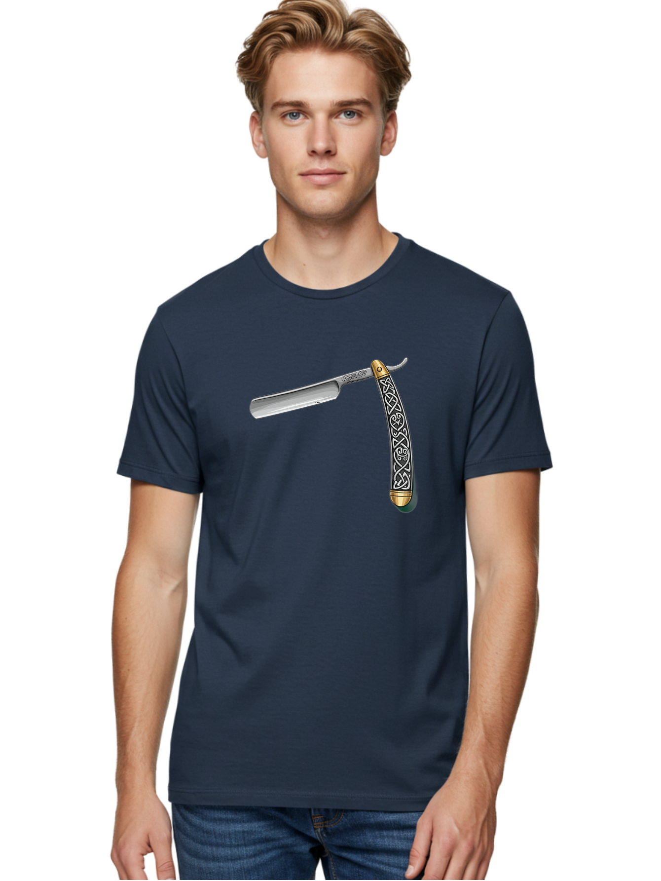 Straight-Razor-5 Men'S Graphic Tee, 100% Cotton, Comfortable Casual Summer Wear, Machine Washable, Cut-Throat Razor, Straight Razor, Vintage Shaving, Traditional Grooming, Antique Design, Intricate Patterns, Razor Blade, Shaving Tools, Bad731