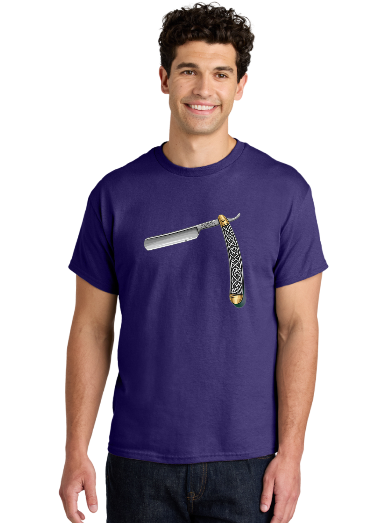 Straight-Razor-5 Men'S Graphic Tee, 100% Cotton, Comfortable Casual Summer Wear, Machine Washable, Cut-Throat Razor, Straight Razor, Vintage Shaving, Traditional Grooming, Antique Design, Intricate Patterns, Razor Blade, Shaving Tools, Bad731