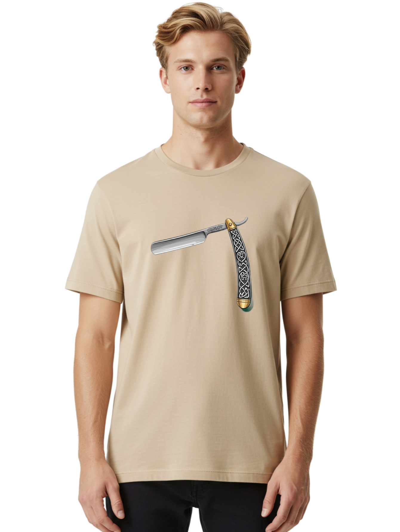 Straight-Razor-5 Men'S Graphic Tee, 100% Cotton, Comfortable Casual Summer Wear, Machine Washable, Cut-Throat Razor, Straight Razor, Vintage Shaving, Traditional Grooming, Antique Design, Intricate Patterns, Razor Blade, Shaving Tools, Bad731