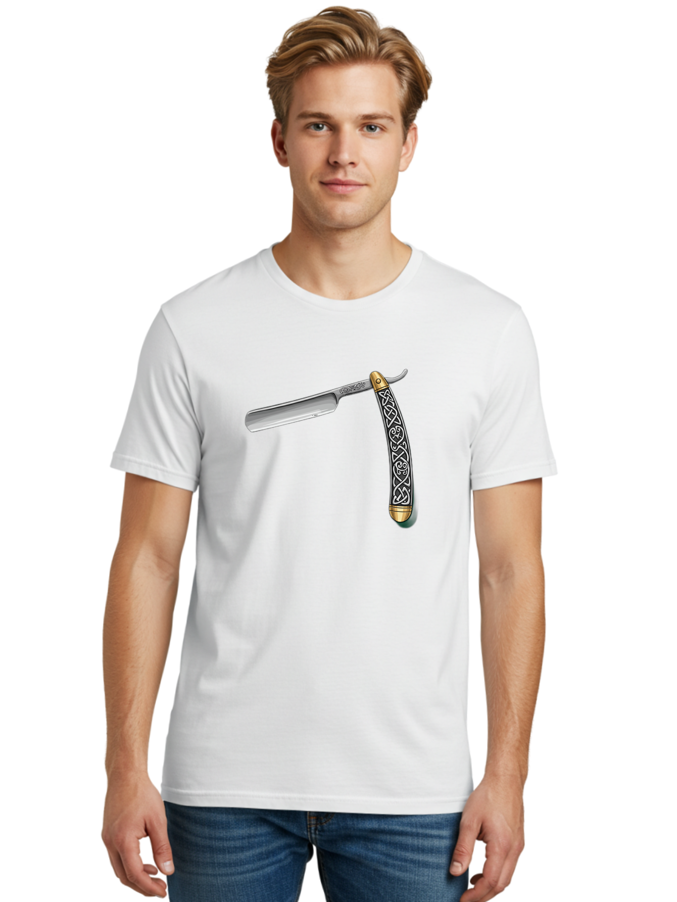 Straight-Razor-5 Men'S Graphic Tee, 100% Cotton, Comfortable Casual Summer Wear, Machine Washable, Cut-Throat Razor, Straight Razor, Vintage Shaving, Traditional Grooming, Antique Design, Intricate Patterns, Razor Blade, Shaving Tools, Bad731