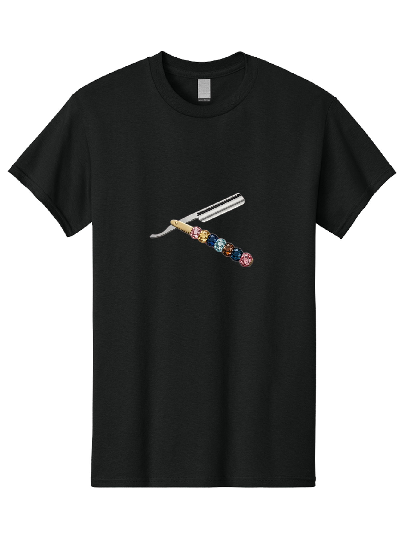 Straight-Razor-7 Men'S Graphic Tee, 100% Cotton, Comfortable Casual Summer Wear, Machine Washable, Straight Razor, Shaving Tool, Sharp Blade, Metallic Finish, Rhinestone Handle, Multi-Colored Gems, Luxurious Grooming, Vintage Shaving, Bad733